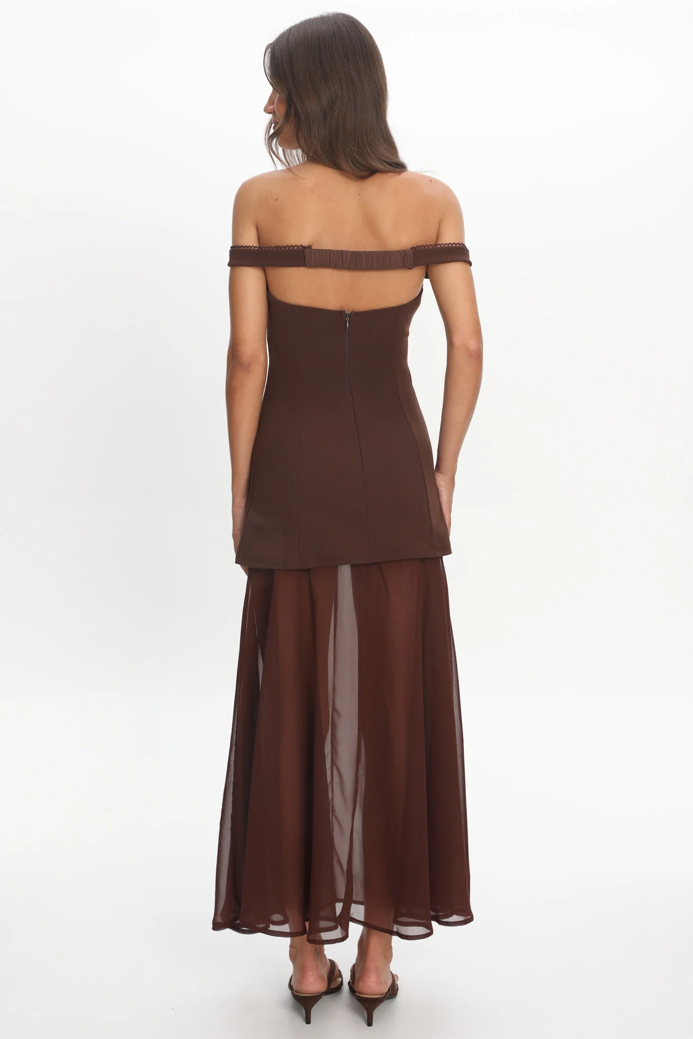 Opulent Off-Shoulder Sheer Hem Maxi Dress Chocolate - Image 3