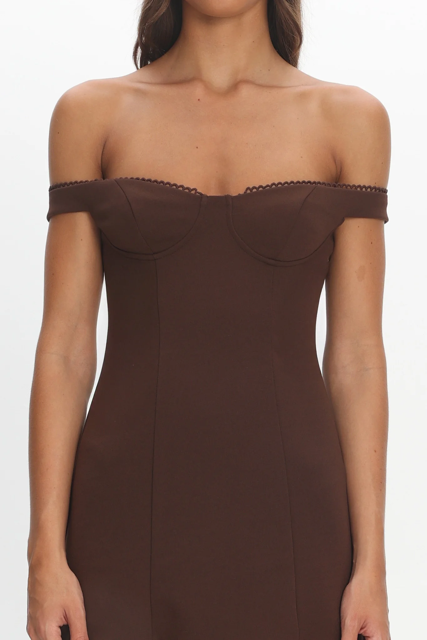 Opulent Off-Shoulder Sheer Hem Maxi Dress Chocolate - Image 4