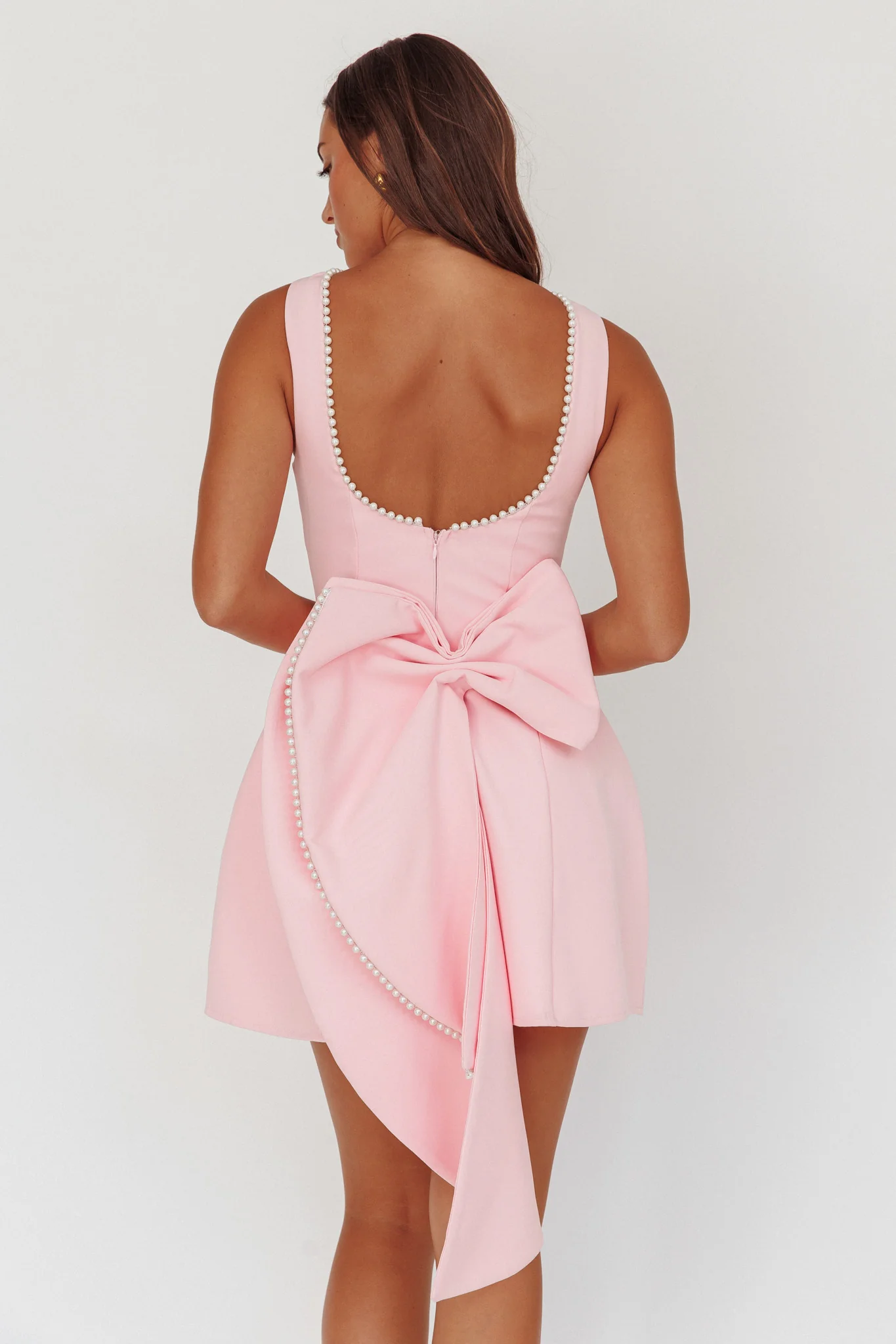 Opulent Pearl Trim Oversized Bow Mini Dress Pink - Image 2