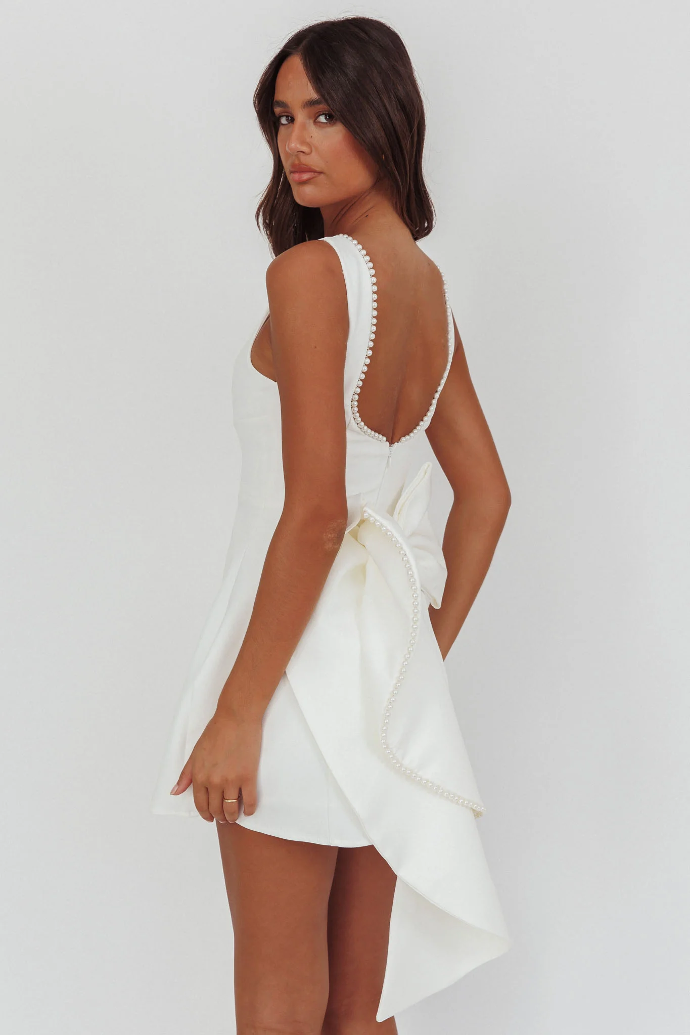 Opulent Pearl Trim Oversized Bow Mini Dress White - Image 2
