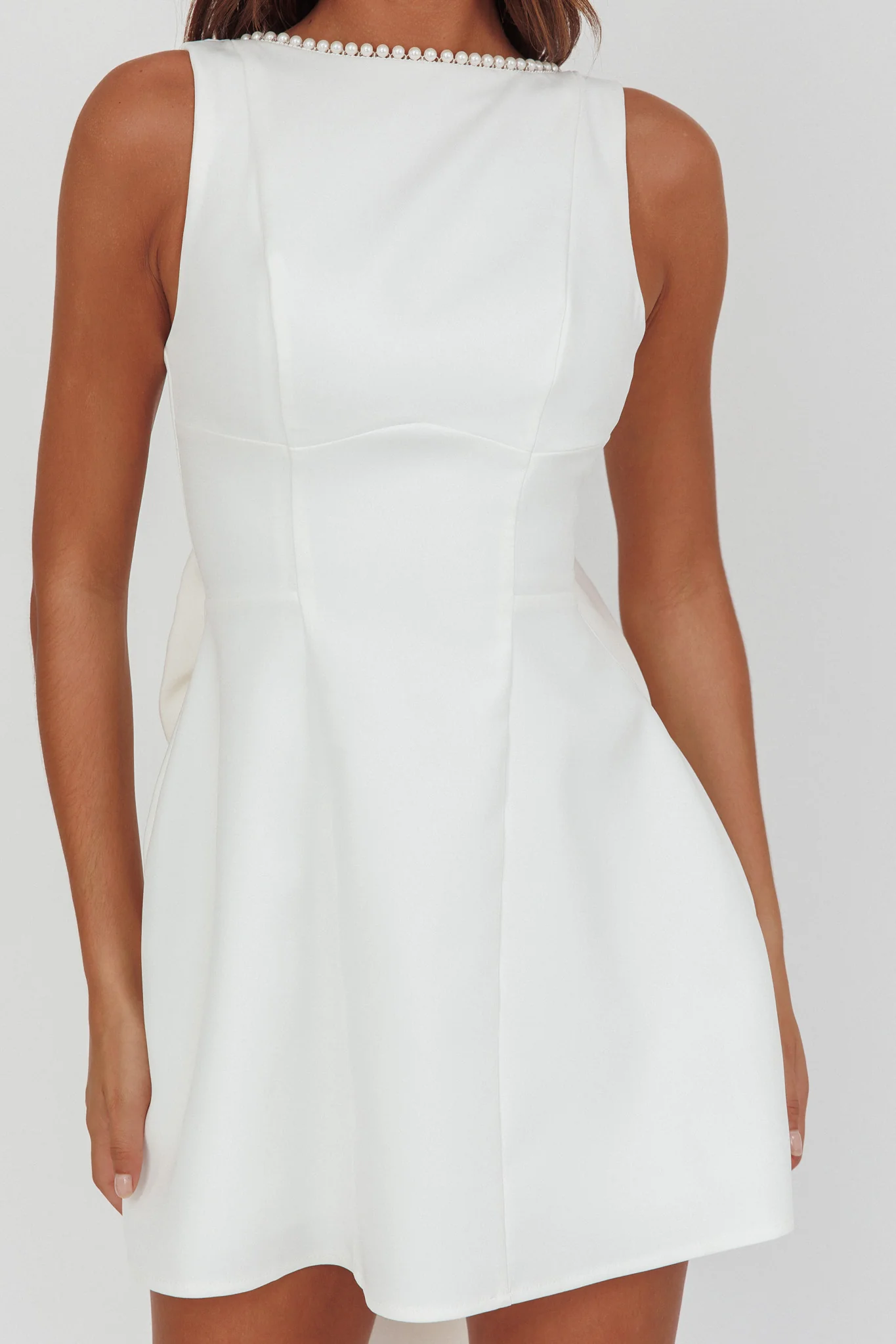 Opulent Pearl Trim Oversized Bow Mini Dress White - Image 3