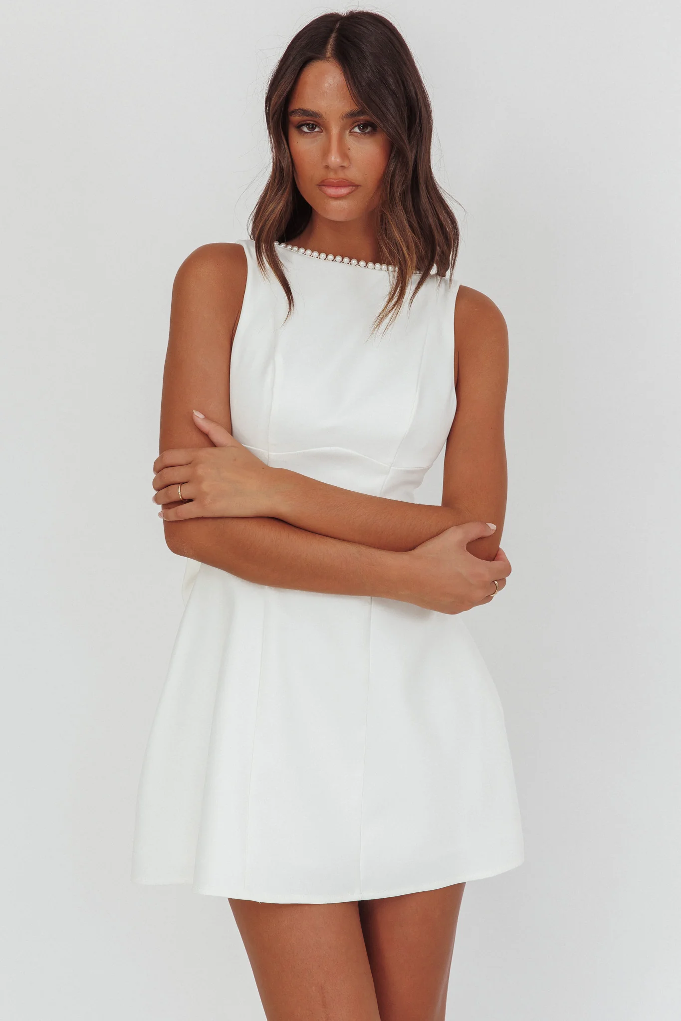 Opulent Pearl Trim Oversized Bow Mini Dress White - Image 5