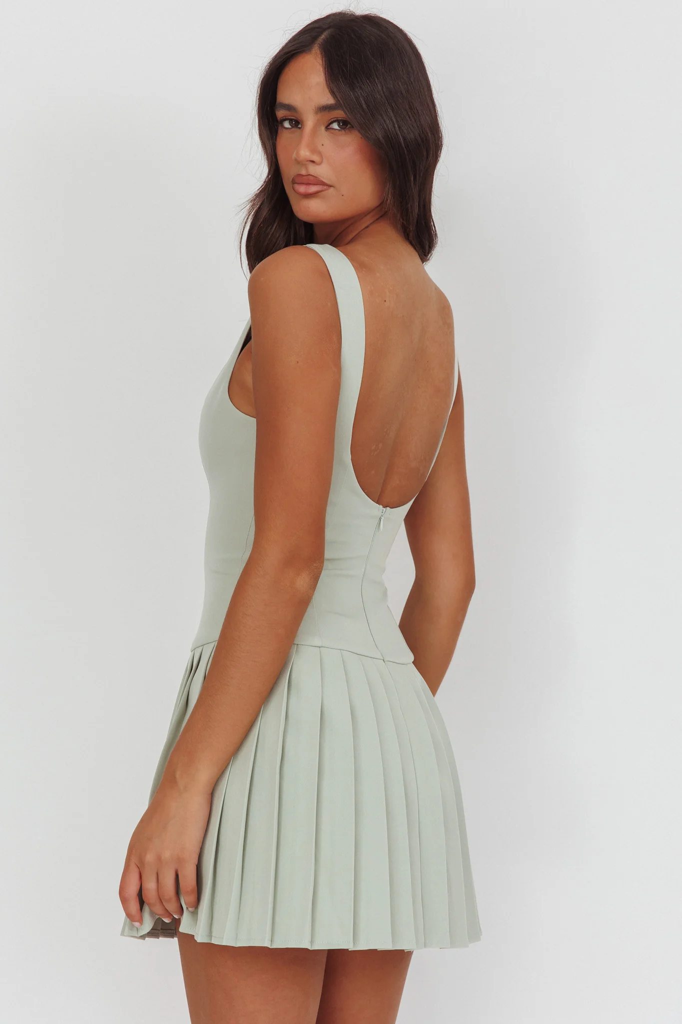 Opulent Pleat Skirt Button Mini Dress Sage - Image 2