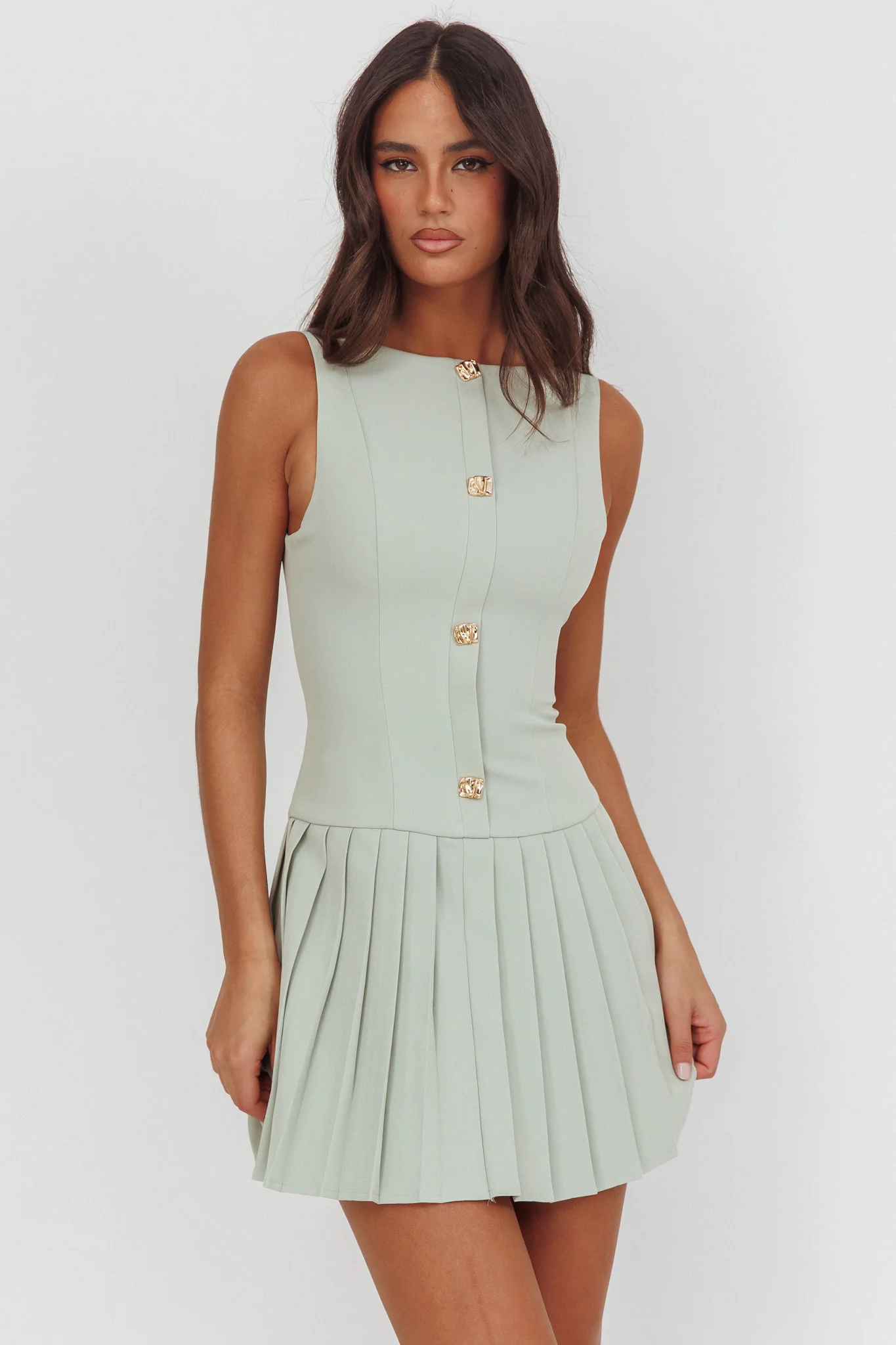 Opulent Pleat Skirt Button Mini Dress Sage - Image 5