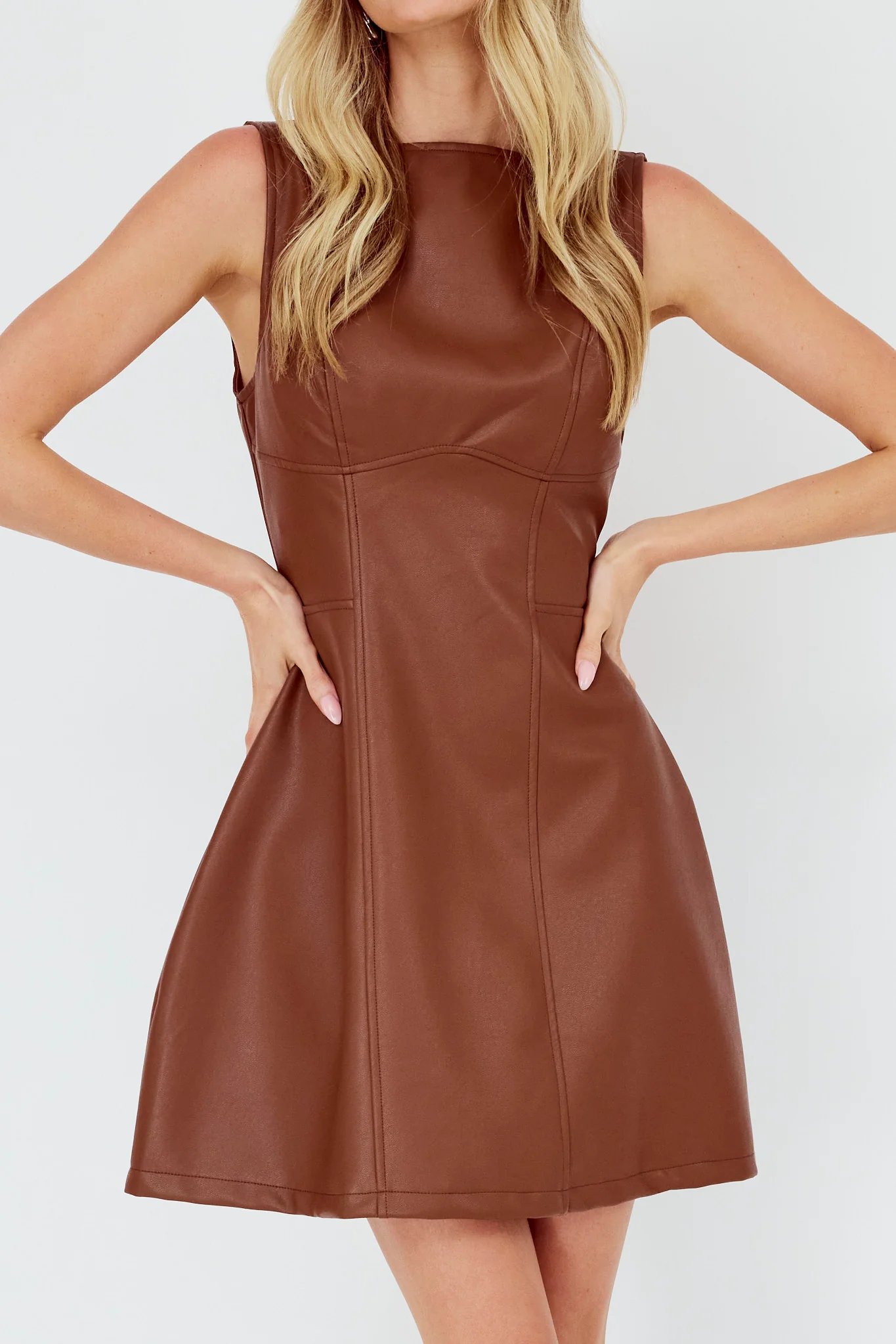 Opulent Sleeveless A-Line Mini Dress Faux Leather Brown - Image 3