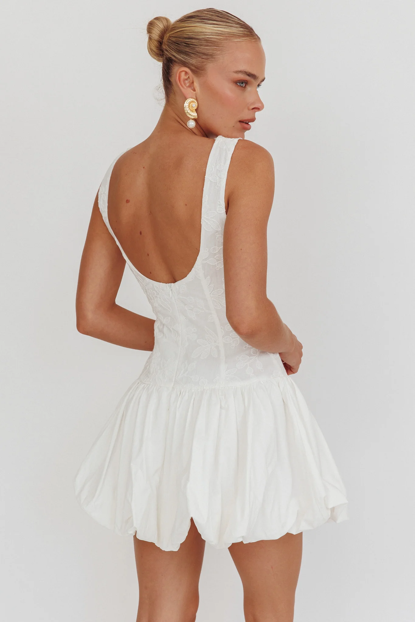 Opulent Sleeveless Bubble Hem Mini Dress Embroidered White - Image 2