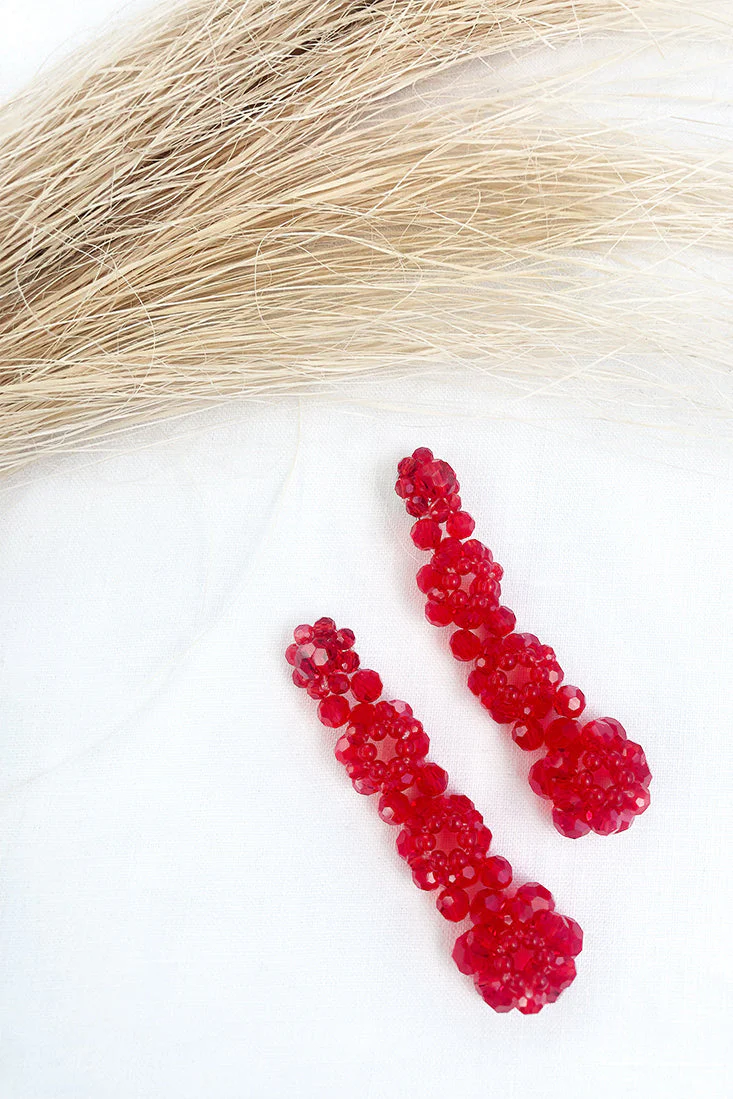 Osaka Floral Beaded Earrings Red - Image 3