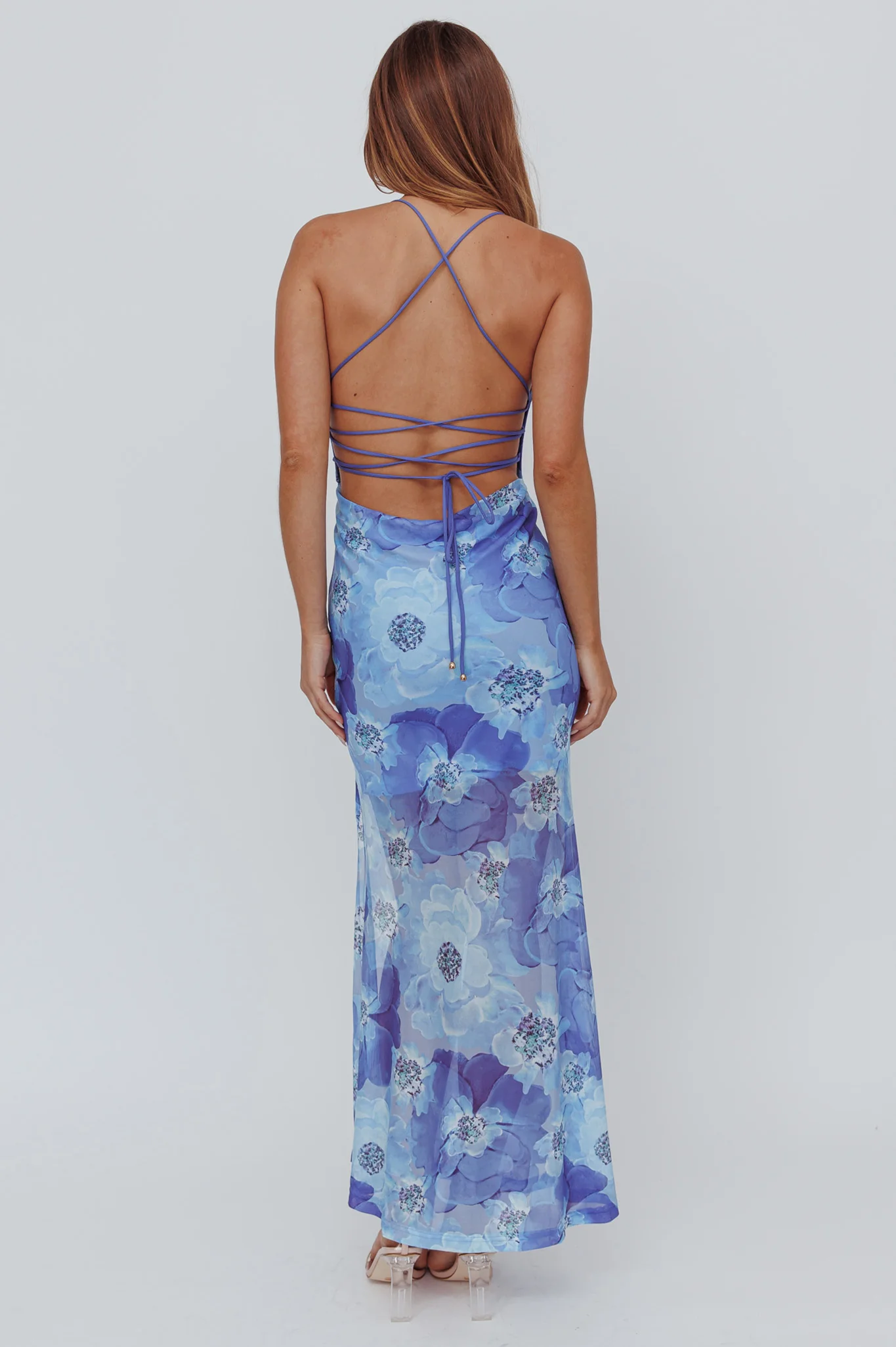 Osaka Sun Lace-Up Back Mesh Dress Blue - Image 2