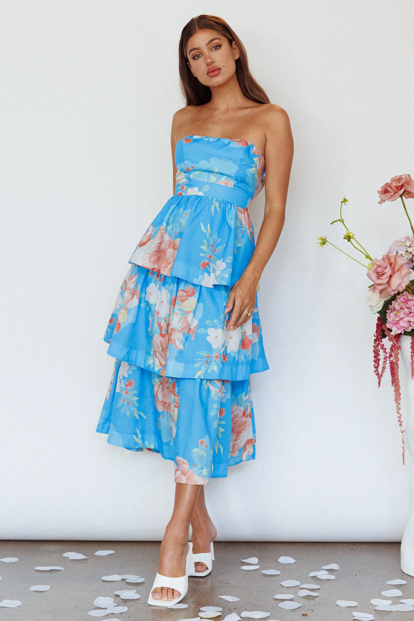 Outshine Strapless Tiered Midi Dress Floral Blue - Image 3