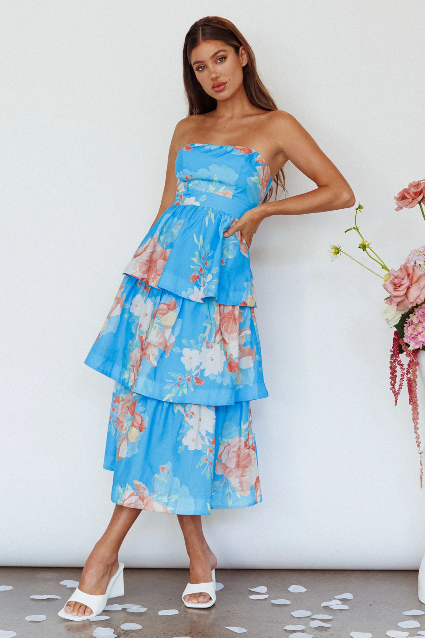 Outshine Strapless Tiered Midi Dress Floral Blue - Image 5