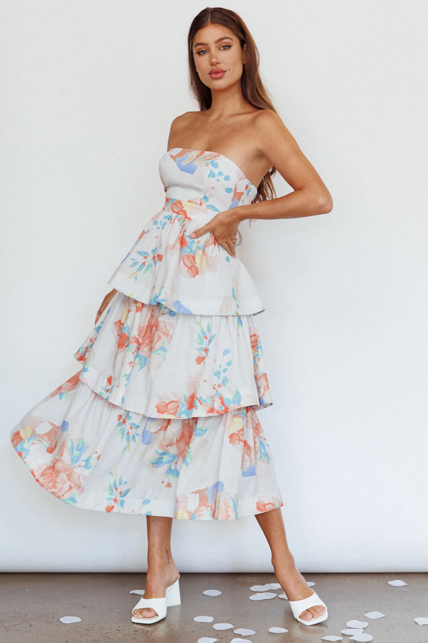 Outshine Strapless Tiered Midi Dress Floral Peach - Image 2