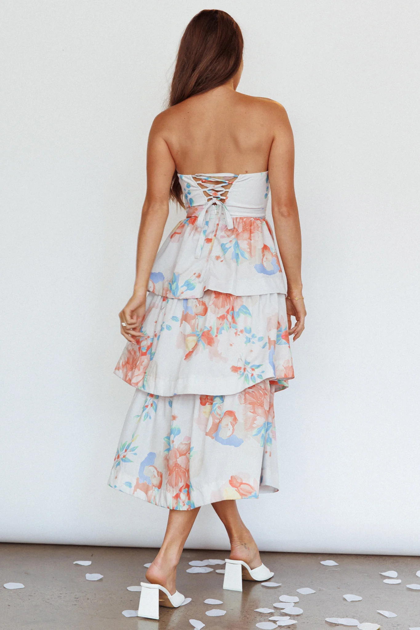 Outshine Strapless Tiered Midi Dress Floral Peach - Image 3