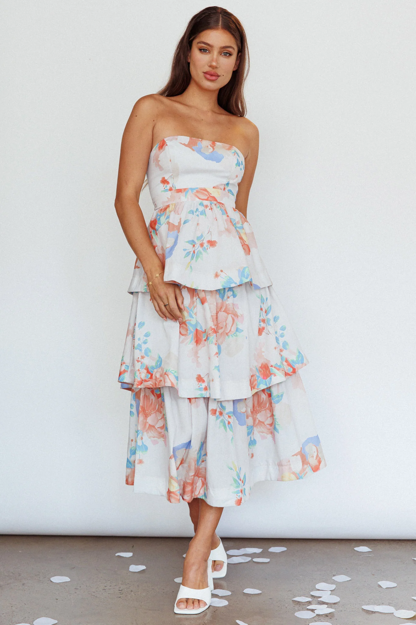 Outshine Strapless Tiered Midi Dress Floral Peach - Image 5