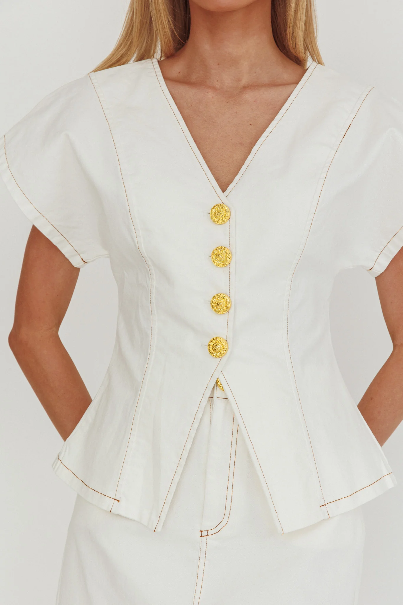 Over It Short Sleeve Button Top Cream - Image 4