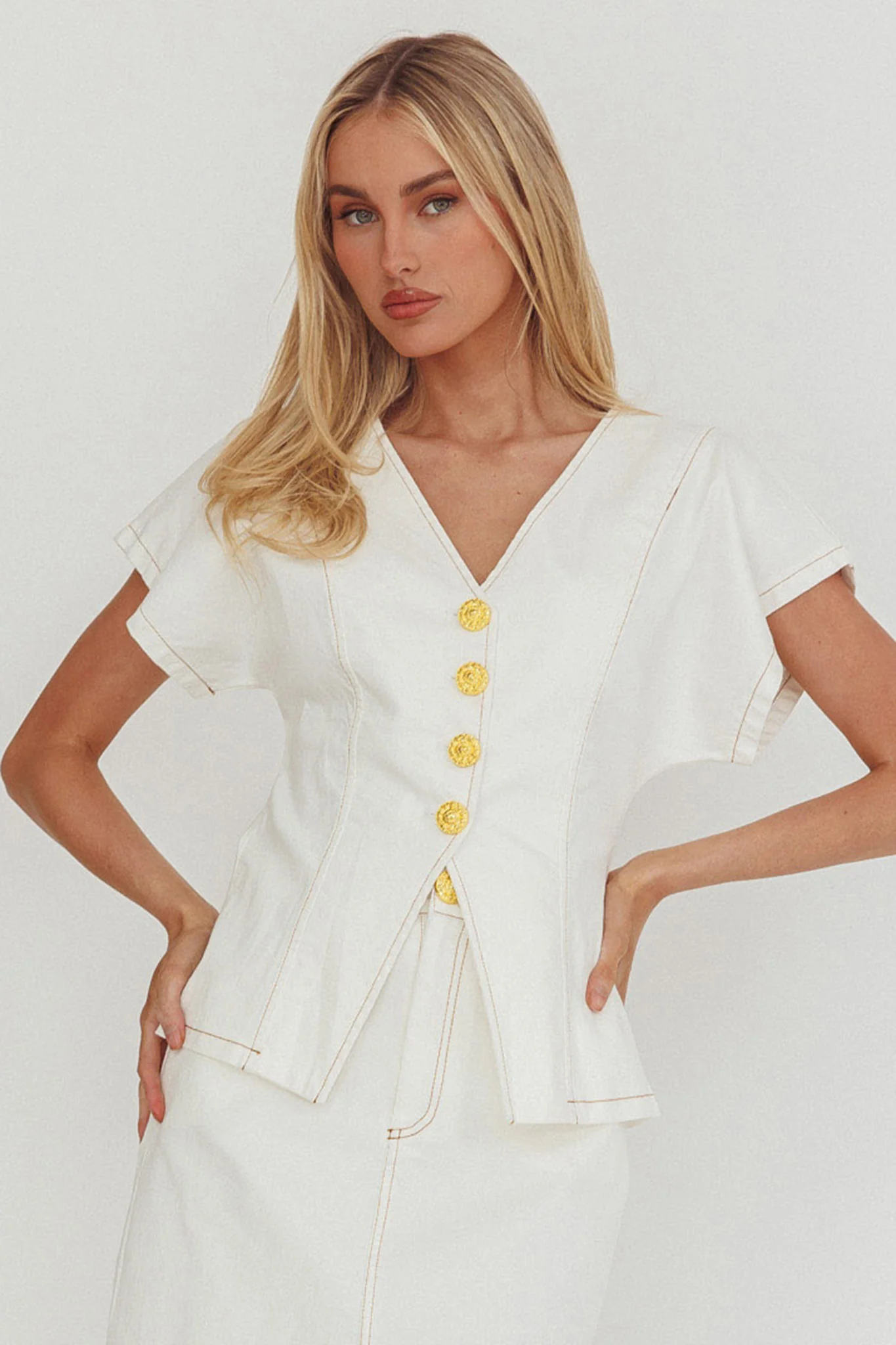 Over It Short Sleeve Button Top Cream - Image 5