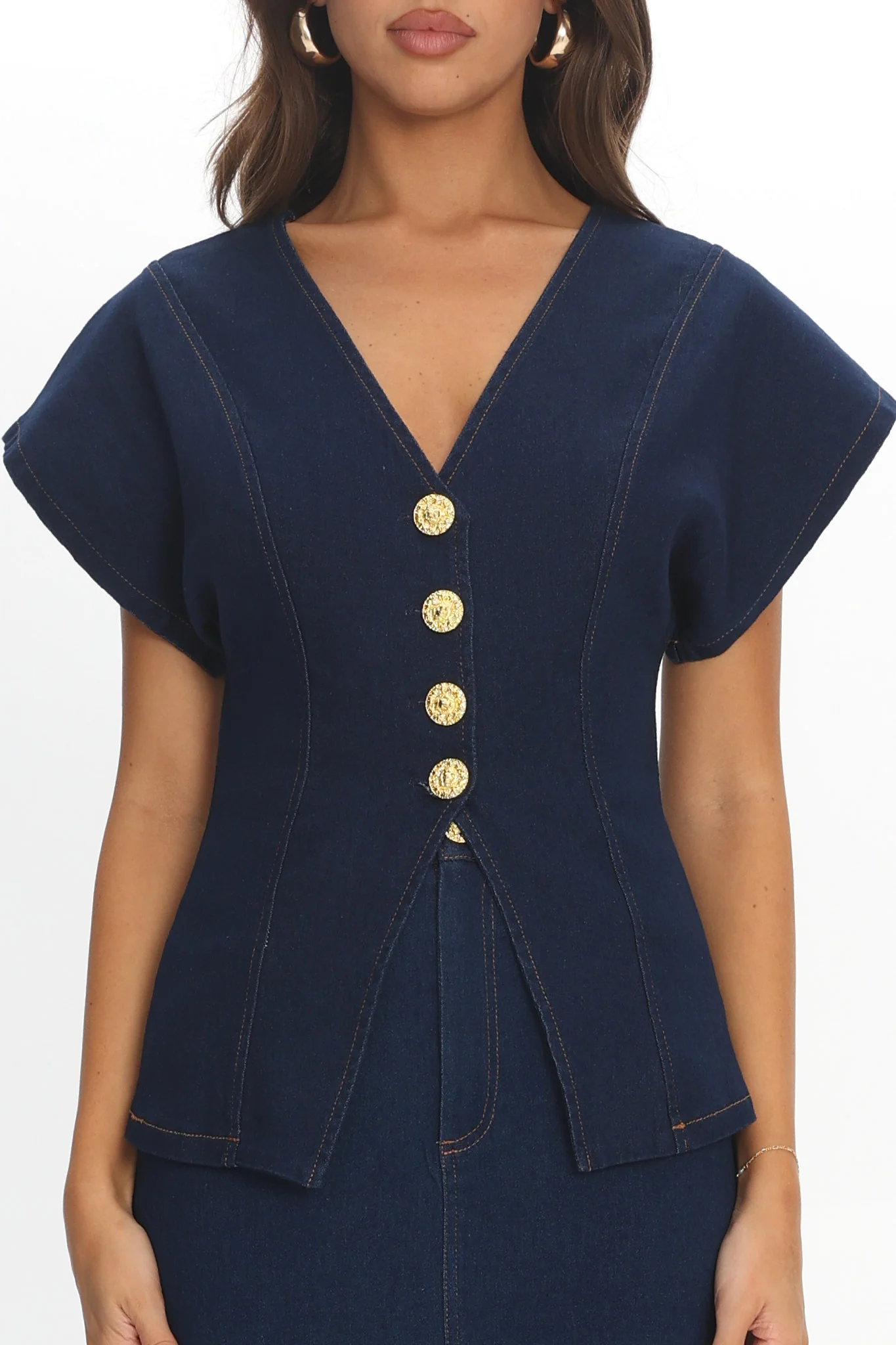 Over It Short Sleeve Button Top Denim - Image 4