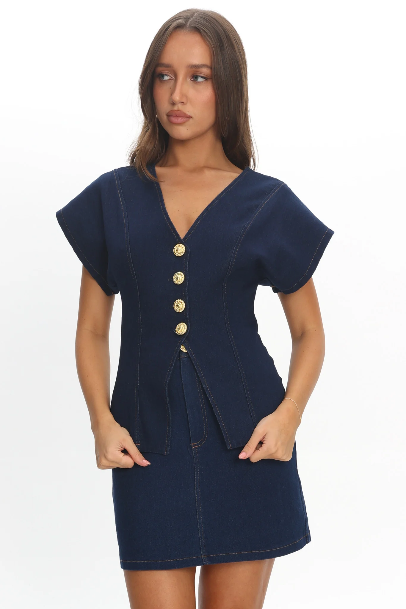 Over It Short Sleeve Button Top Denim - Image 5