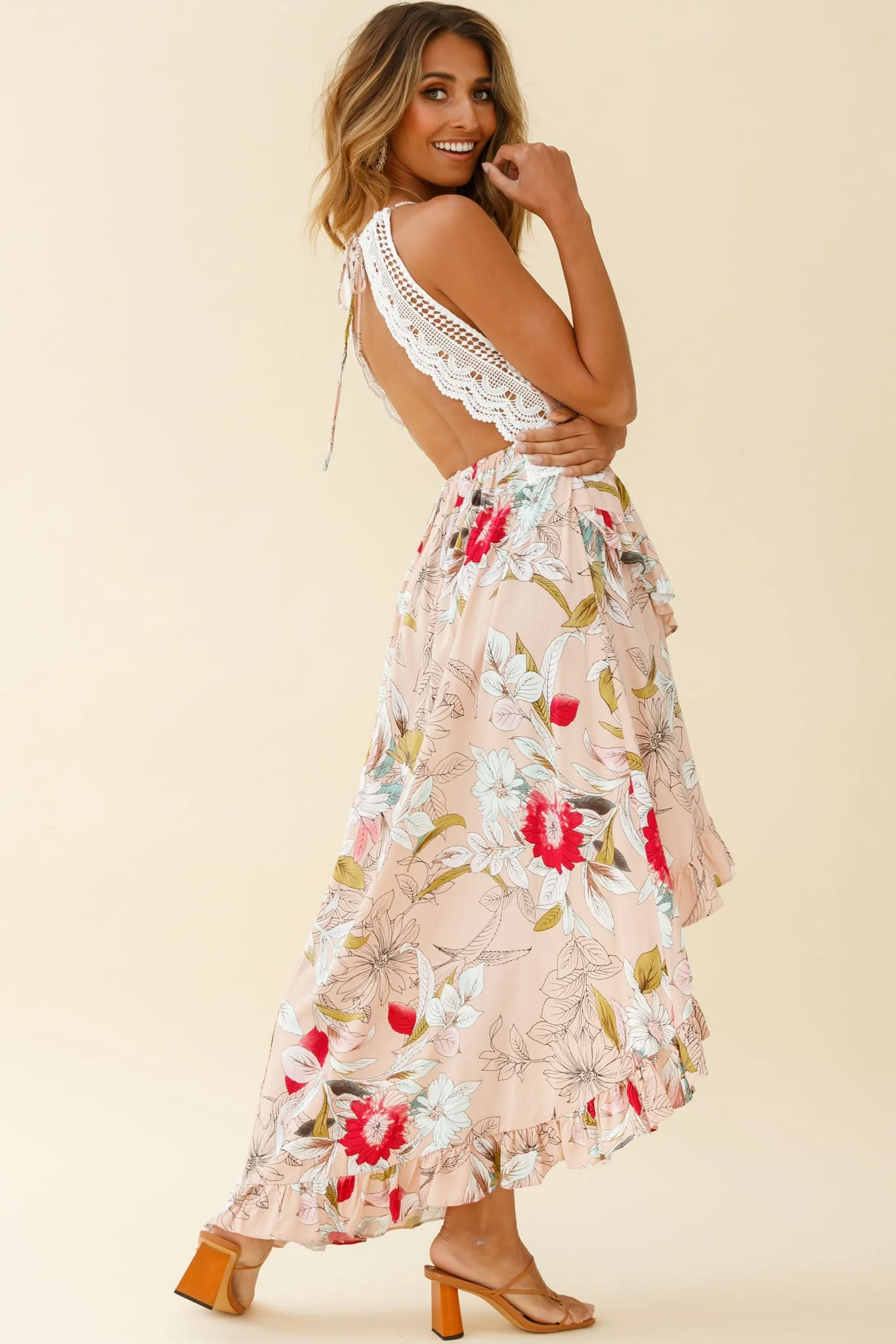 Over The Moon High-Low Hem Crochet Lace Dress Floral Print Mocha - Image 3