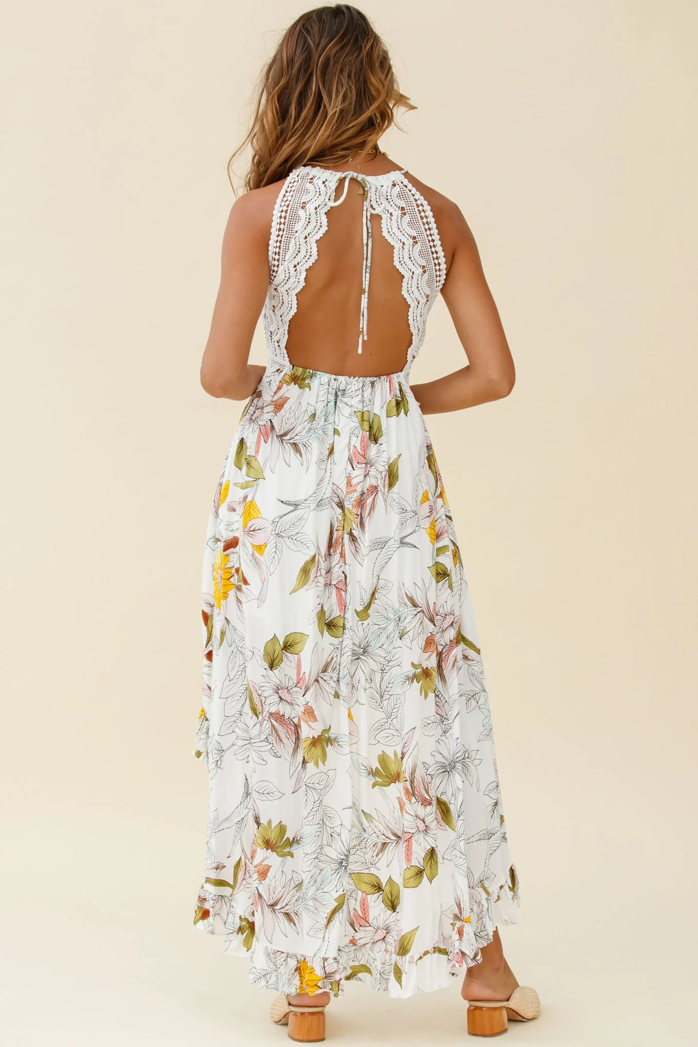 Over The Moon High-Low Hem Crochet Lace Dress Floral Print White - Image 2