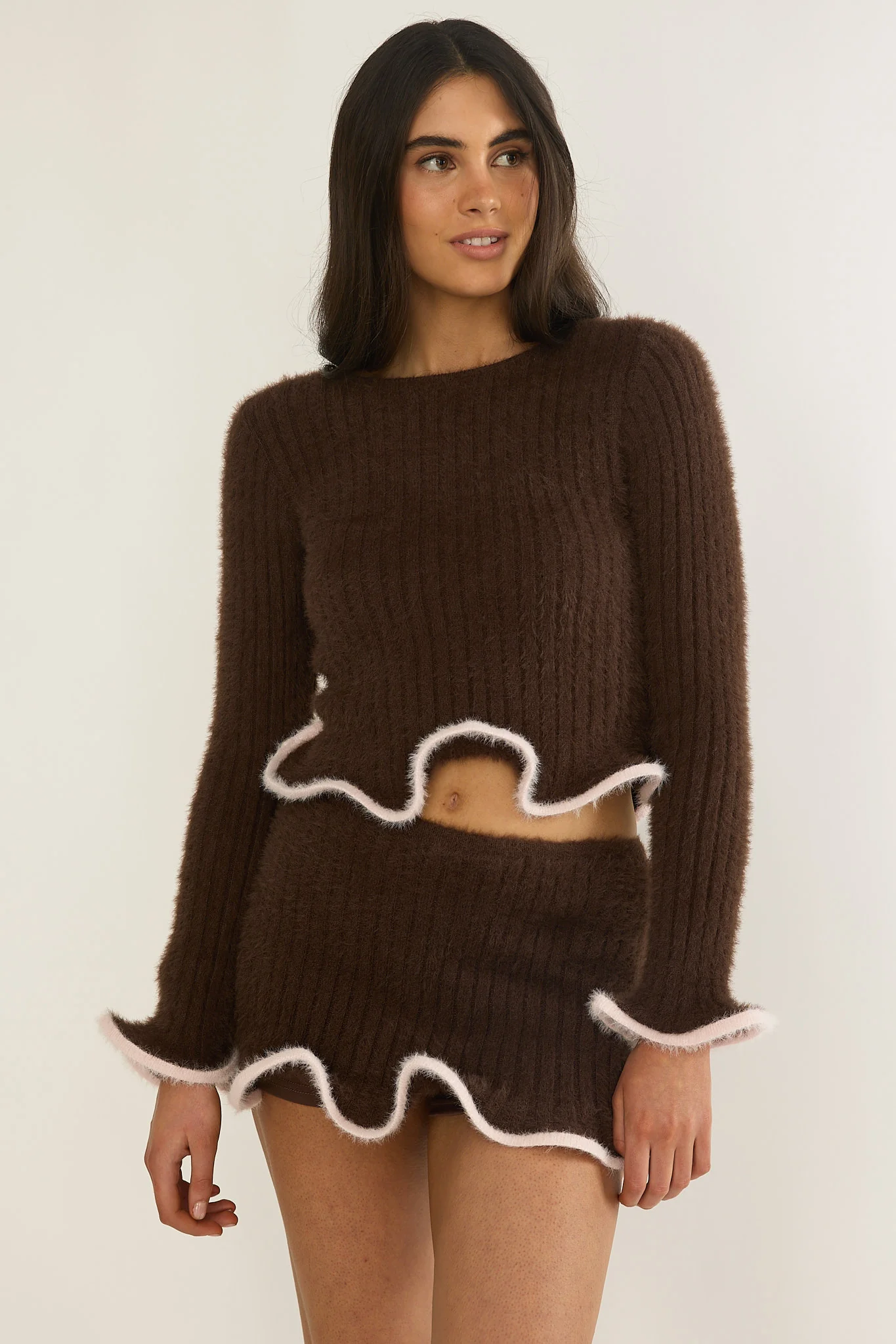 Pailin Lettuce Edge Knit Top Brown - Image 3