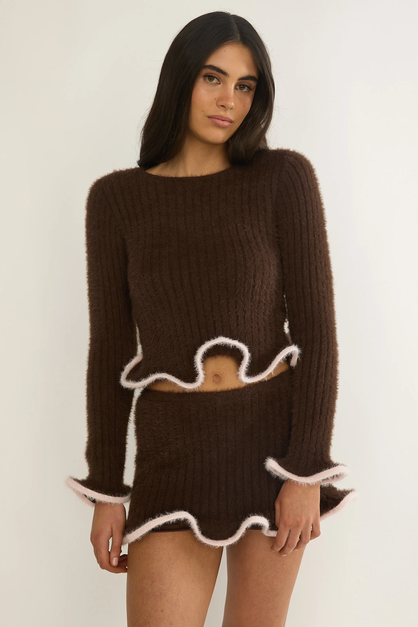 Pailin Lettuce Edge Knit Top Brown - Image 6