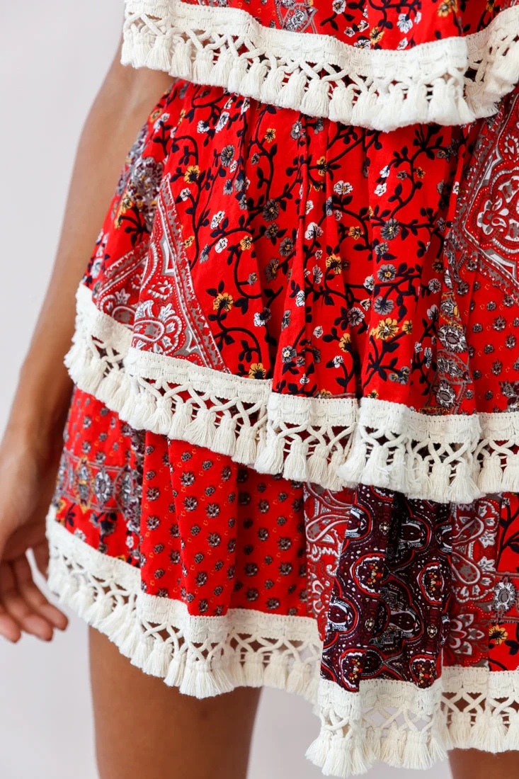Palau Tassel-Trimmed Paisley Skirt Red - Image 4