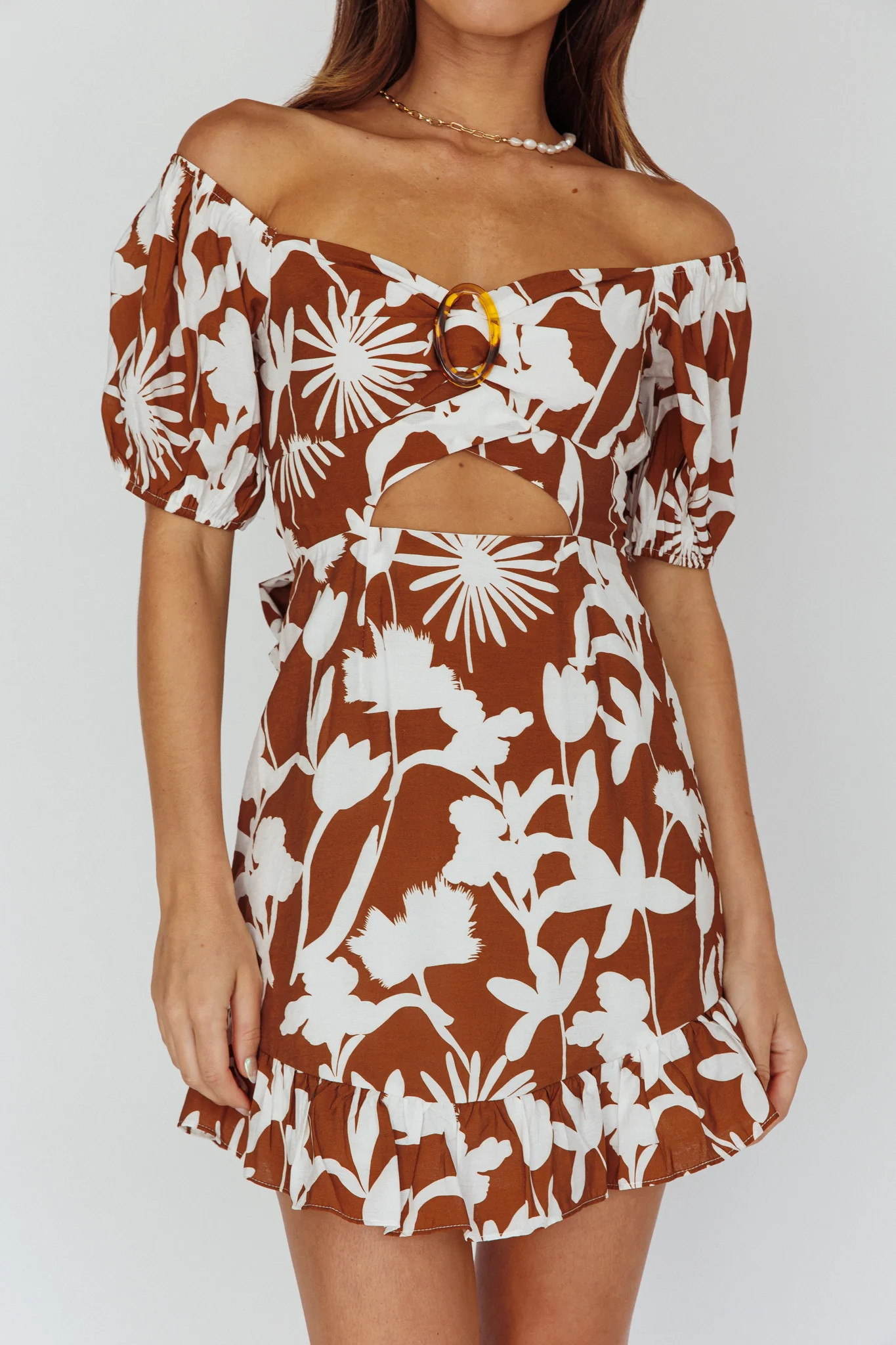Palm Beach Puff Sleeve Dress Printed Tan - Image 4
