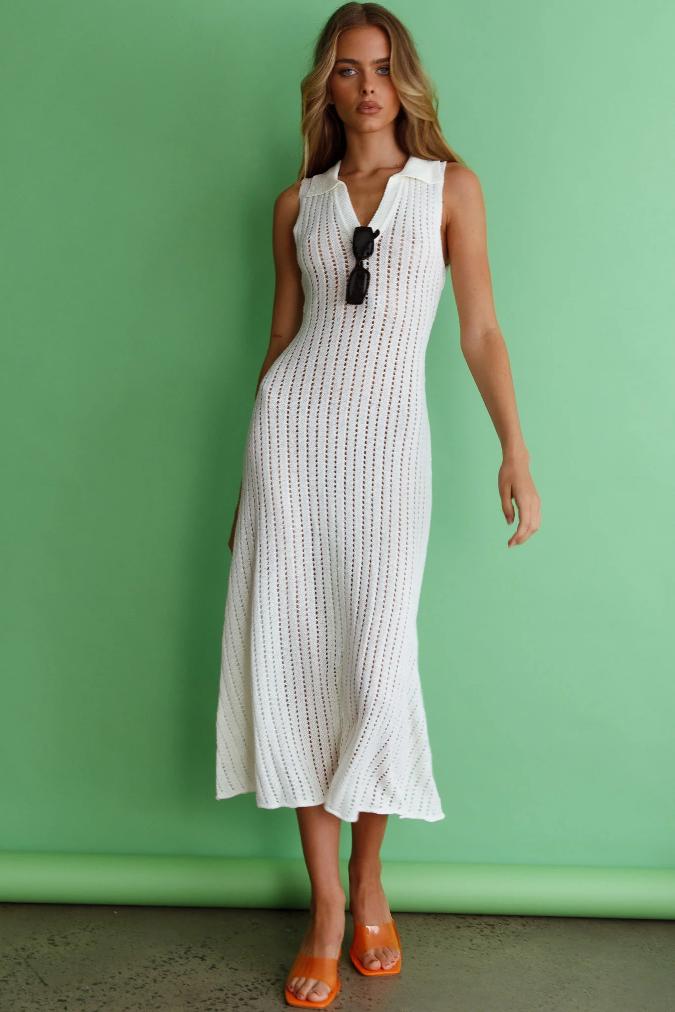 Palm Island Collared Crochet Midi Dress White - Image 6