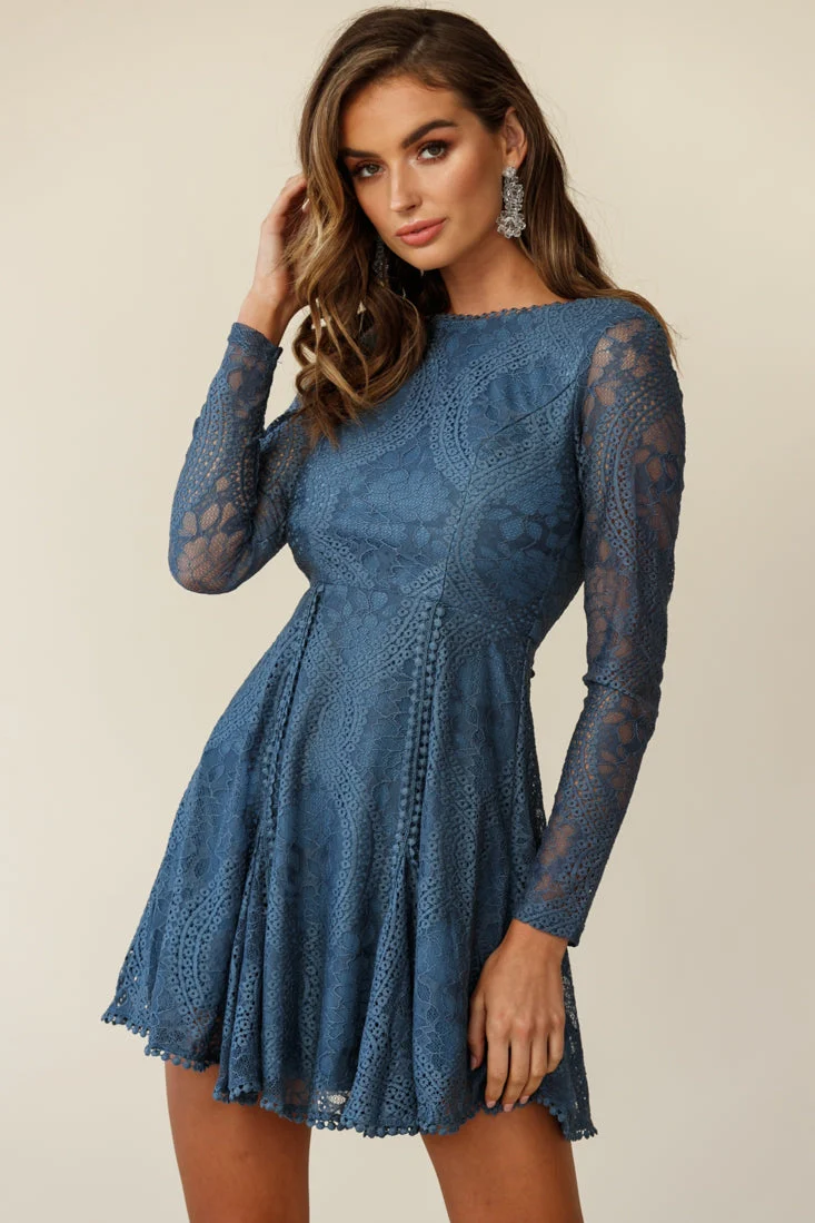 Palm Springs Lace Overlay Low Back Dress Midnight Blue - Image 6