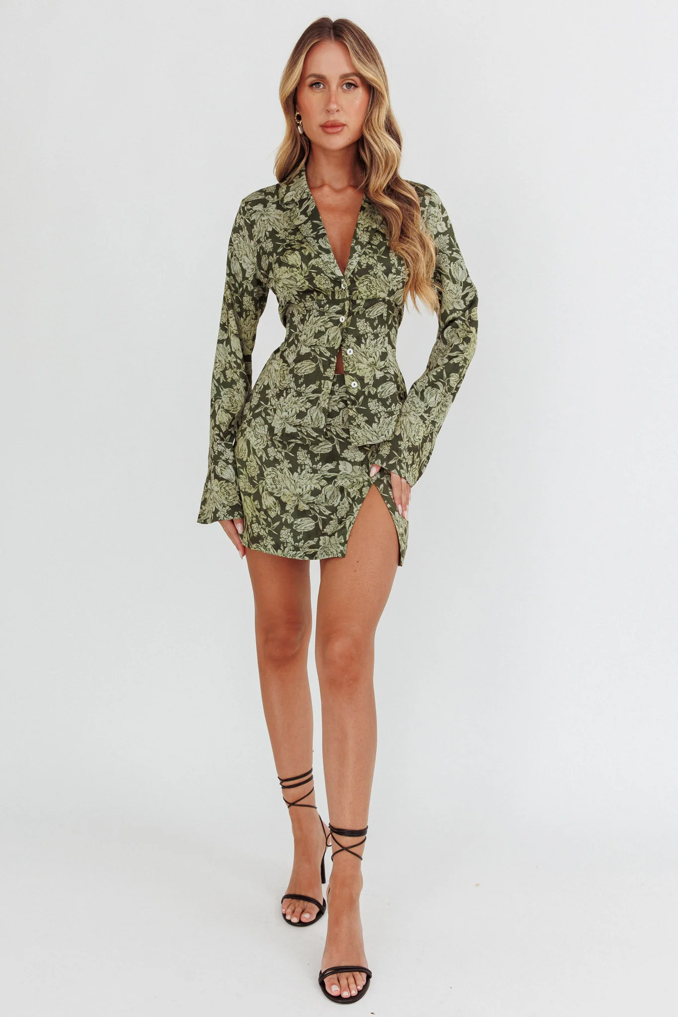 Palmas Split Mini Skirt Floral Olive - Image 4
