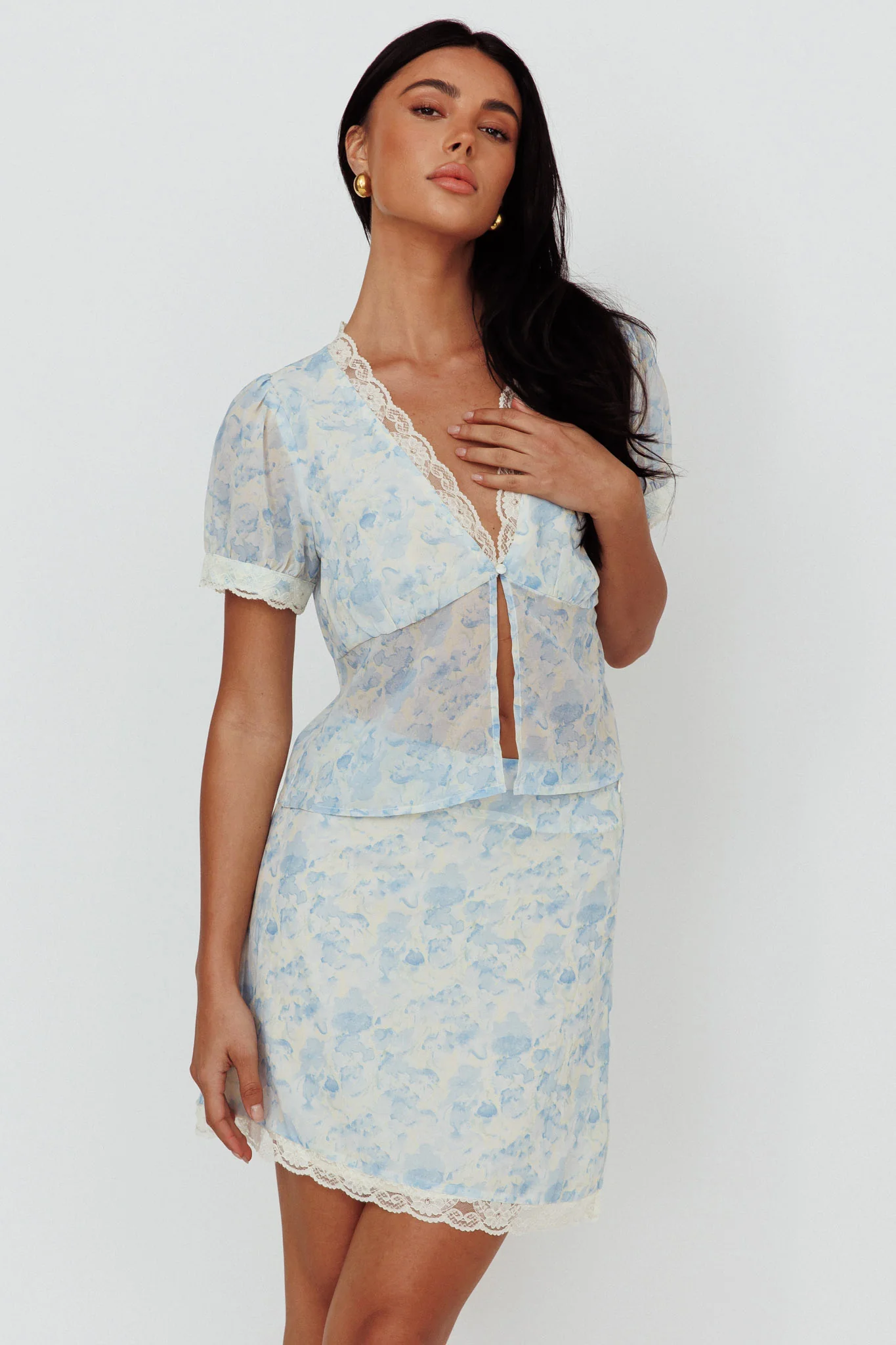 Palmer Lace Trim Blouse Top Blue - Image 5