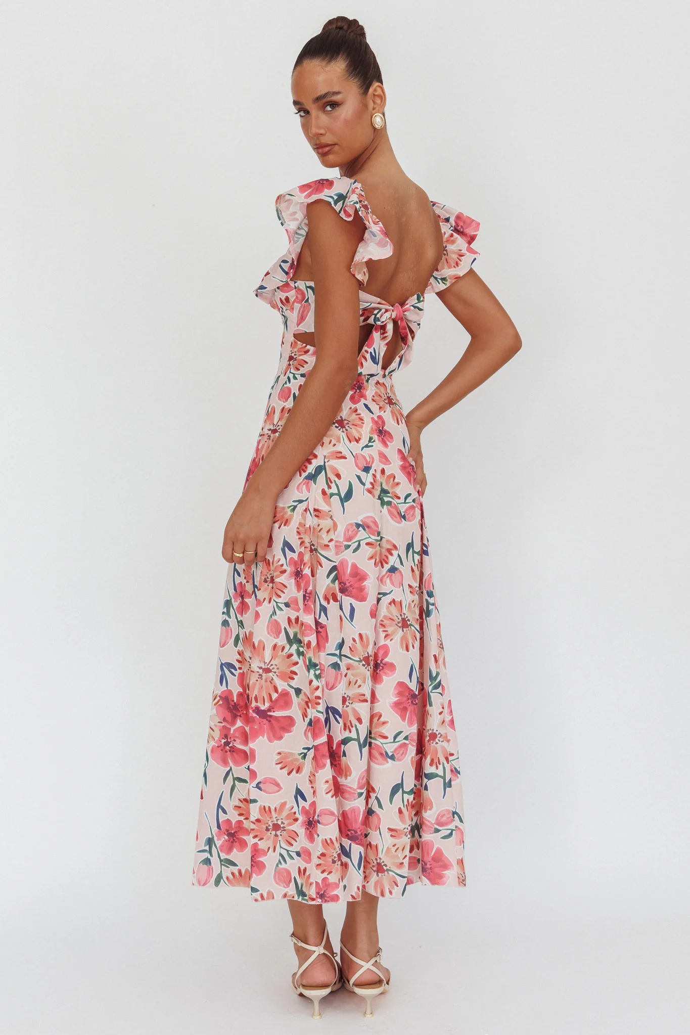 Palms Ruffle Sleeve Tied Back Maxi Dress Floral Pink - Image 2