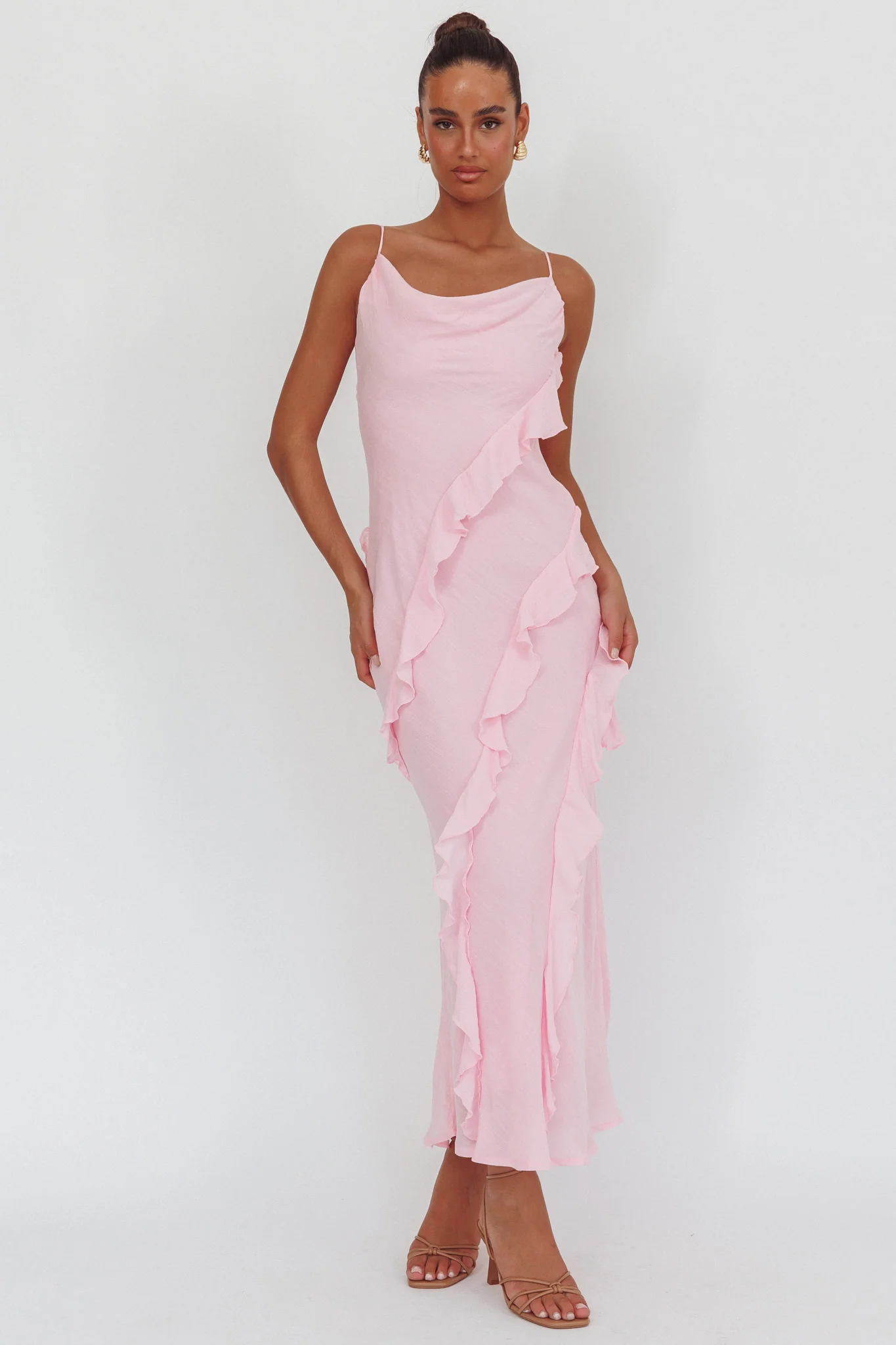 Panama Bay Ruffle Trim Cowl Neck Maxi Dress Pink - Image 5