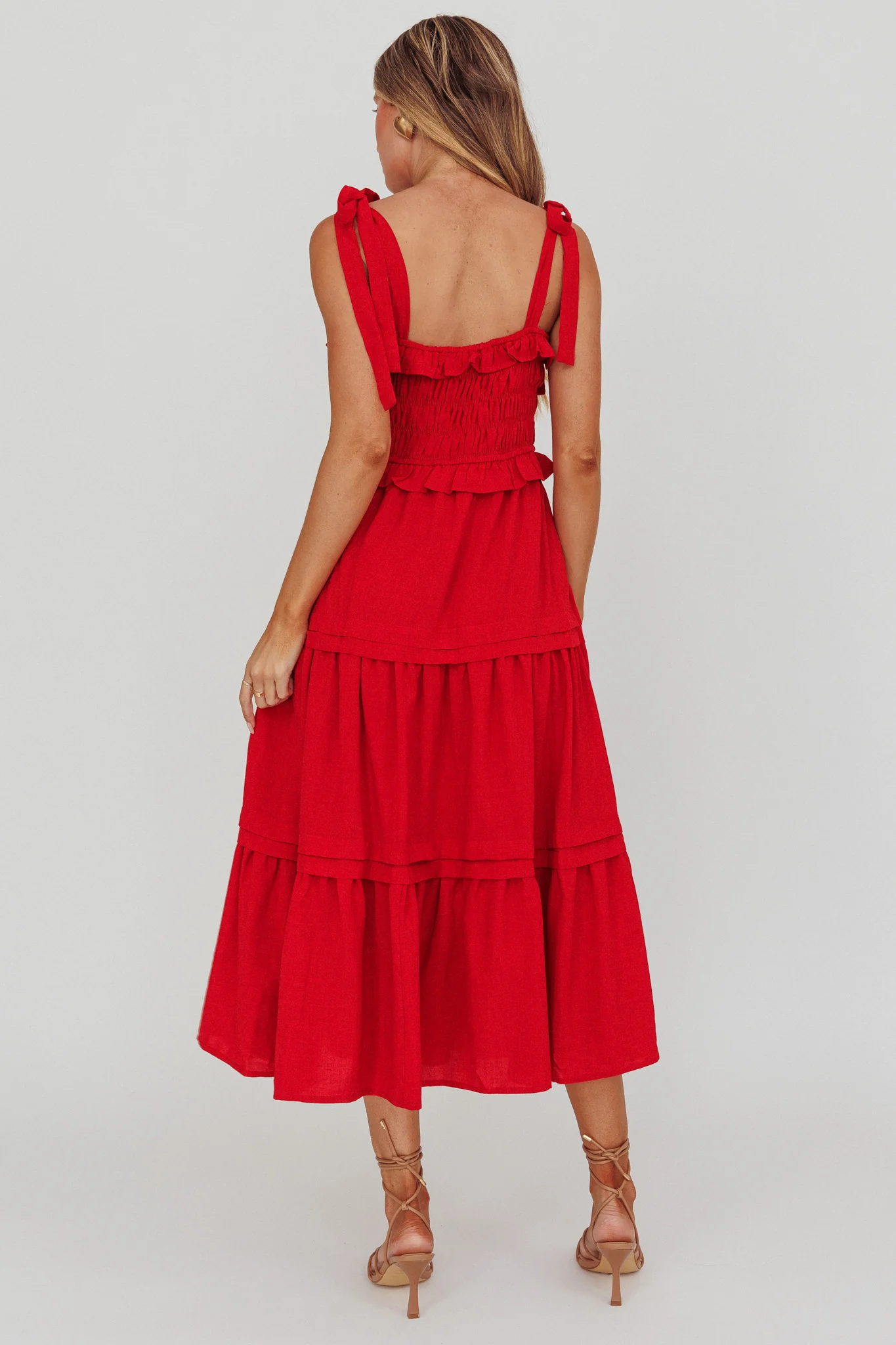 Paprika Tied Shoulder Shirred Midi Dress Red - Image 2