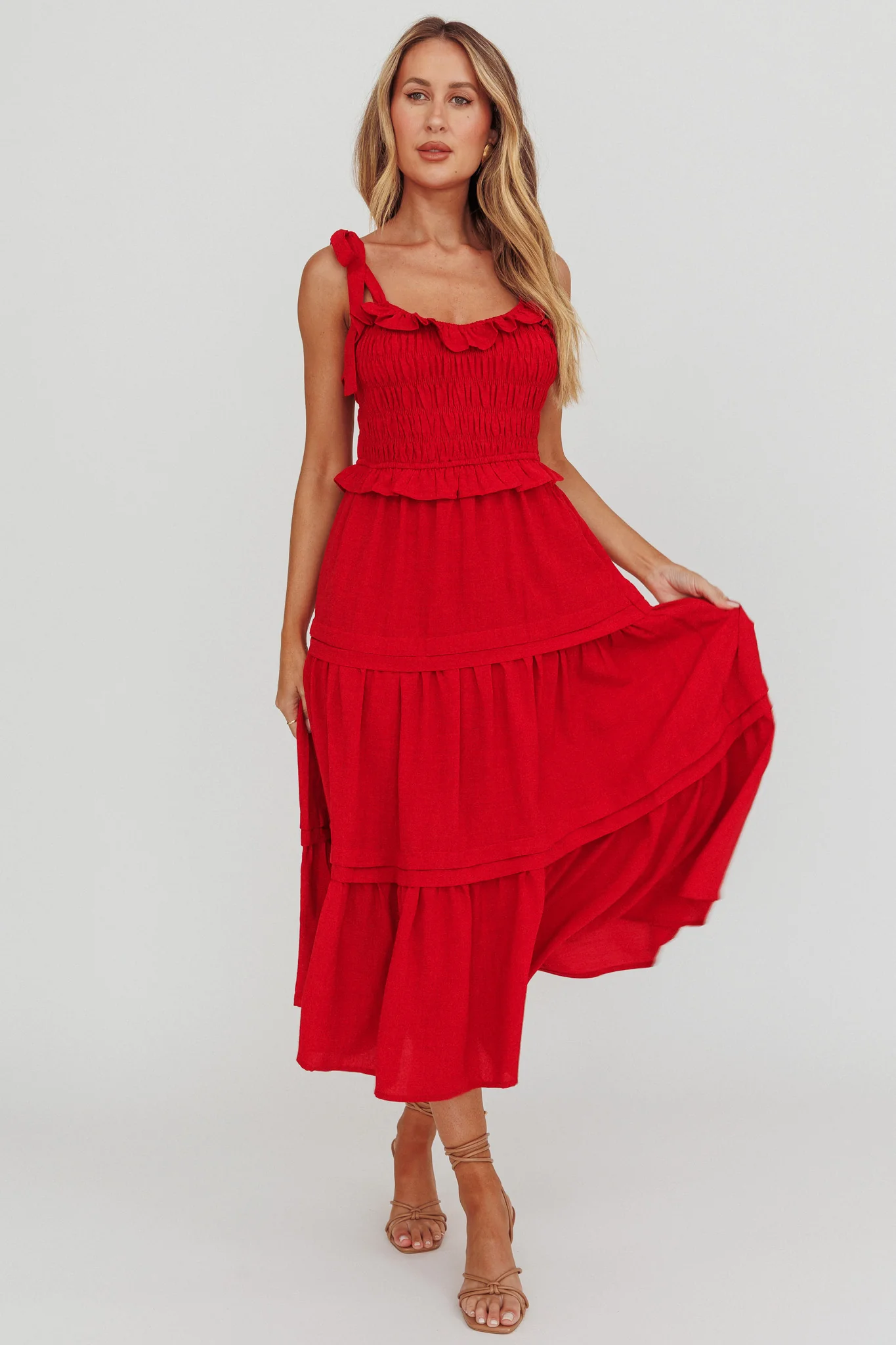 Paprika Tied Shoulder Shirred Midi Dress Red - Image 3
