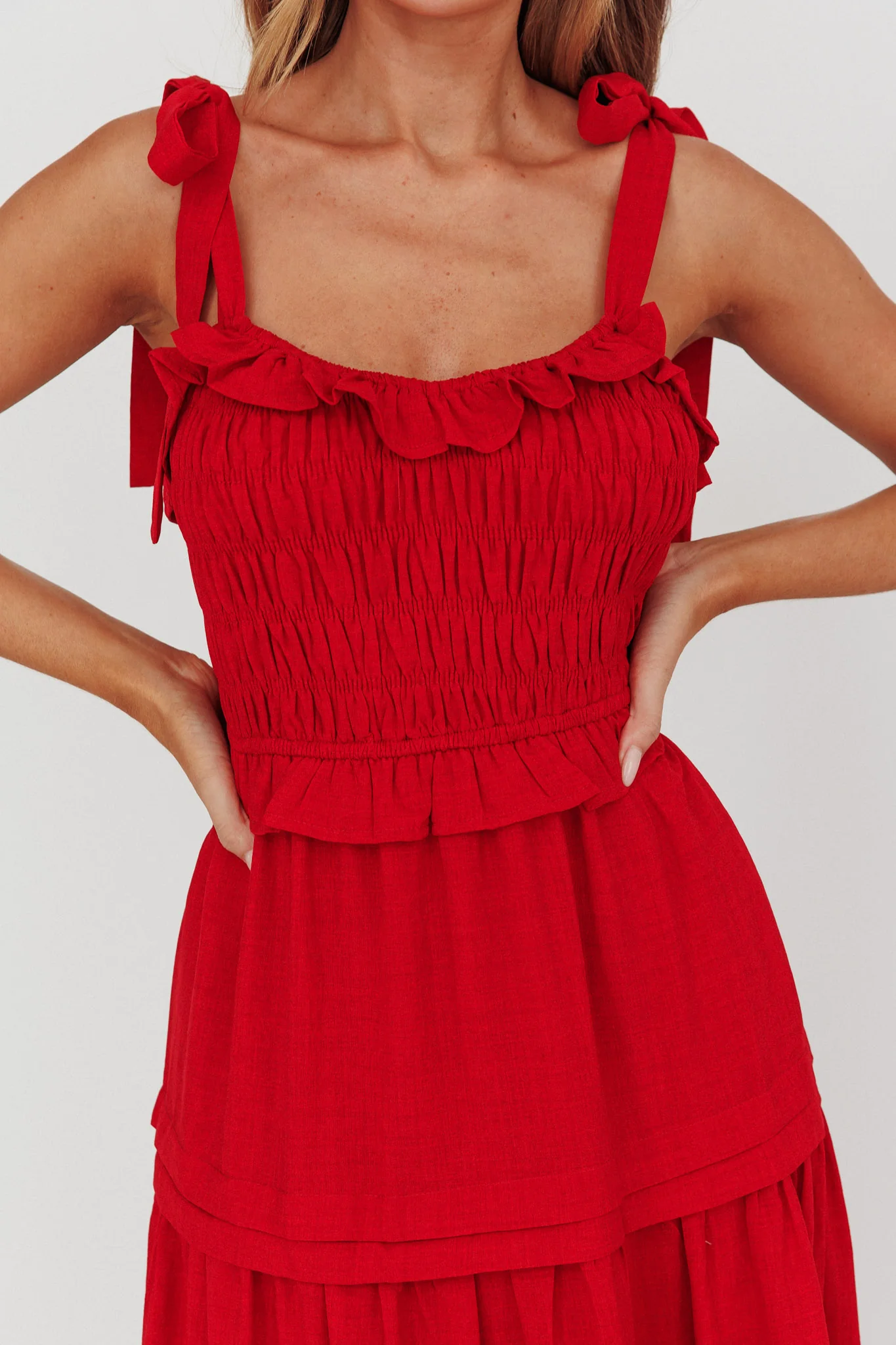 Paprika Tied Shoulder Shirred Midi Dress Red - Image 4