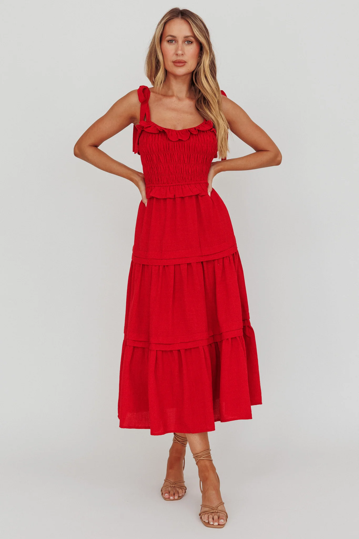 Paprika Tied Shoulder Shirred Midi Dress Red - Image 5