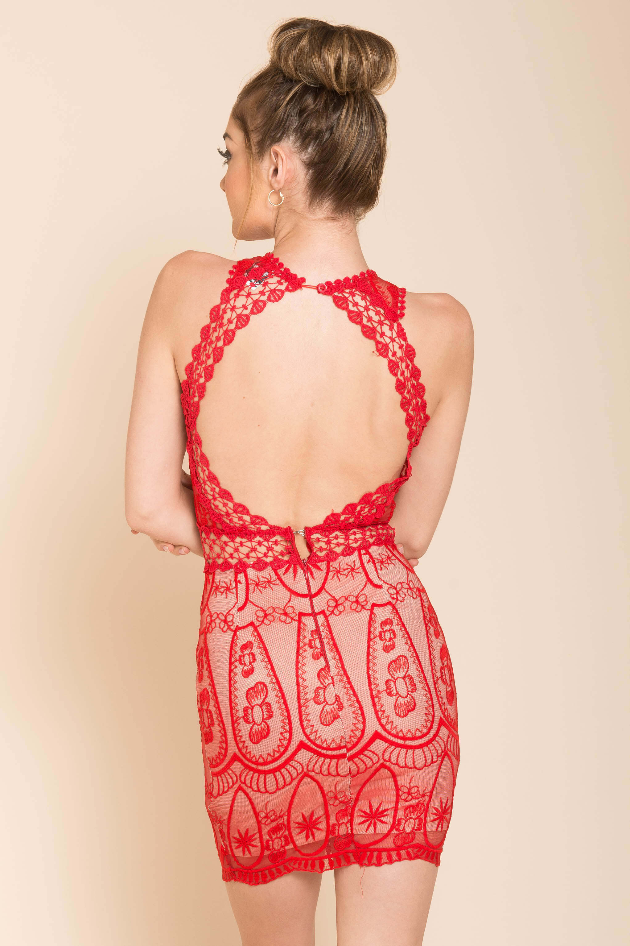 Paris Lacey Bodycon Dress Red - Image 5