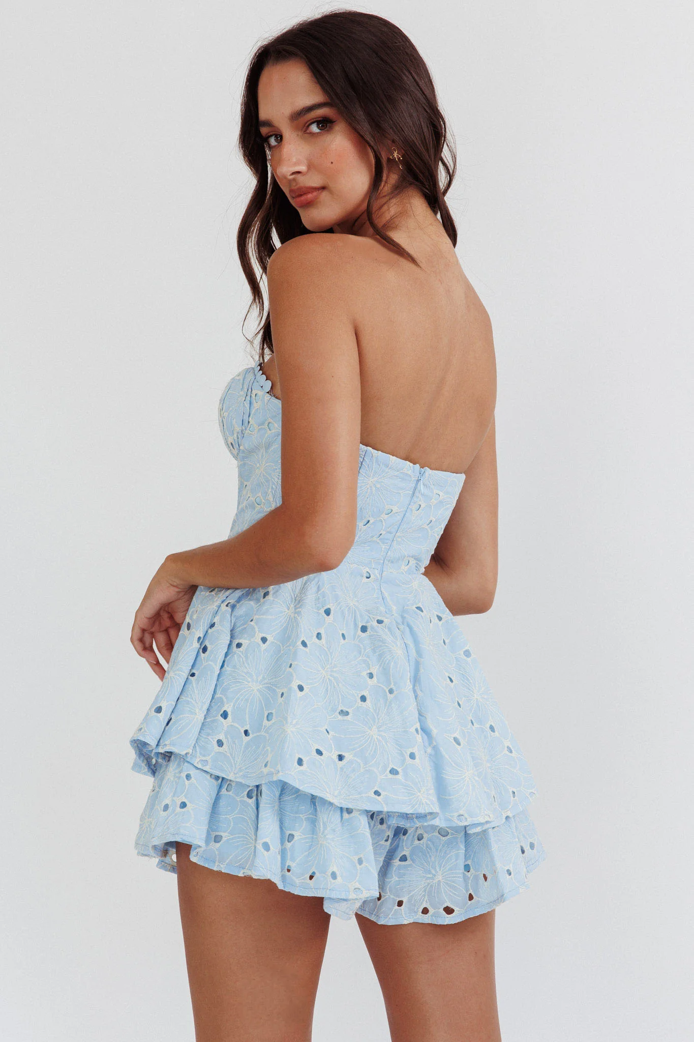 Paris Muse Gathered Bust Embroidered Romper Blue - Image 2
