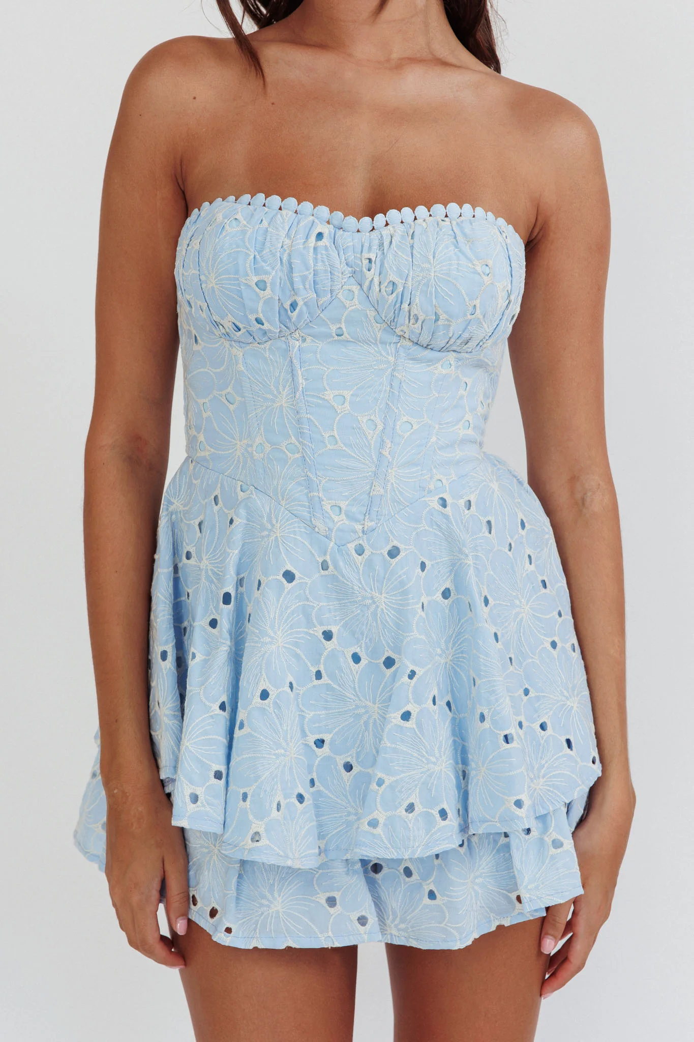 Paris Muse Gathered Bust Embroidered Romper Blue - Image 4