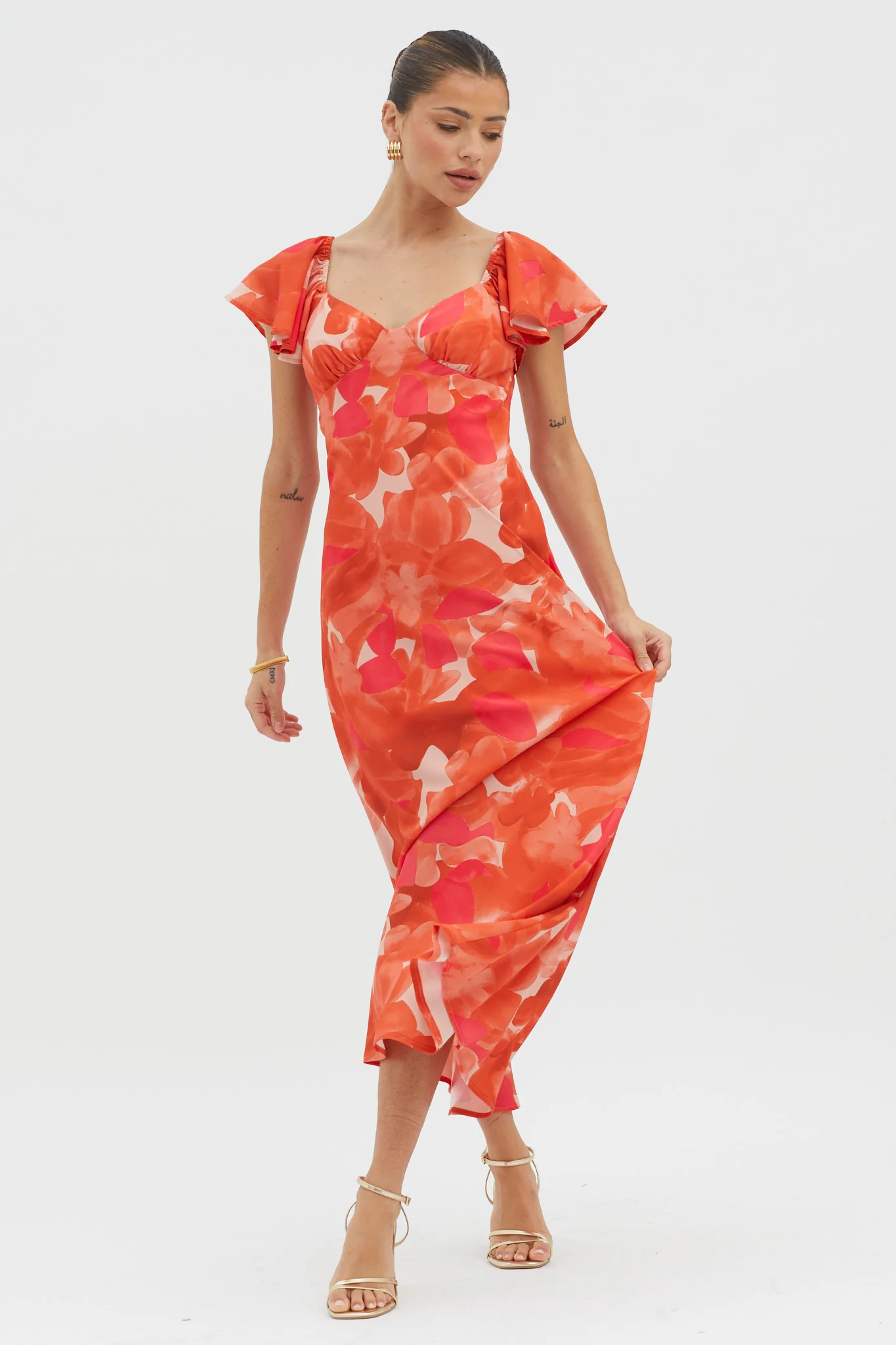 Park Avenue Flutter Sleeve Midi Dress Abstract Orange - Image 3