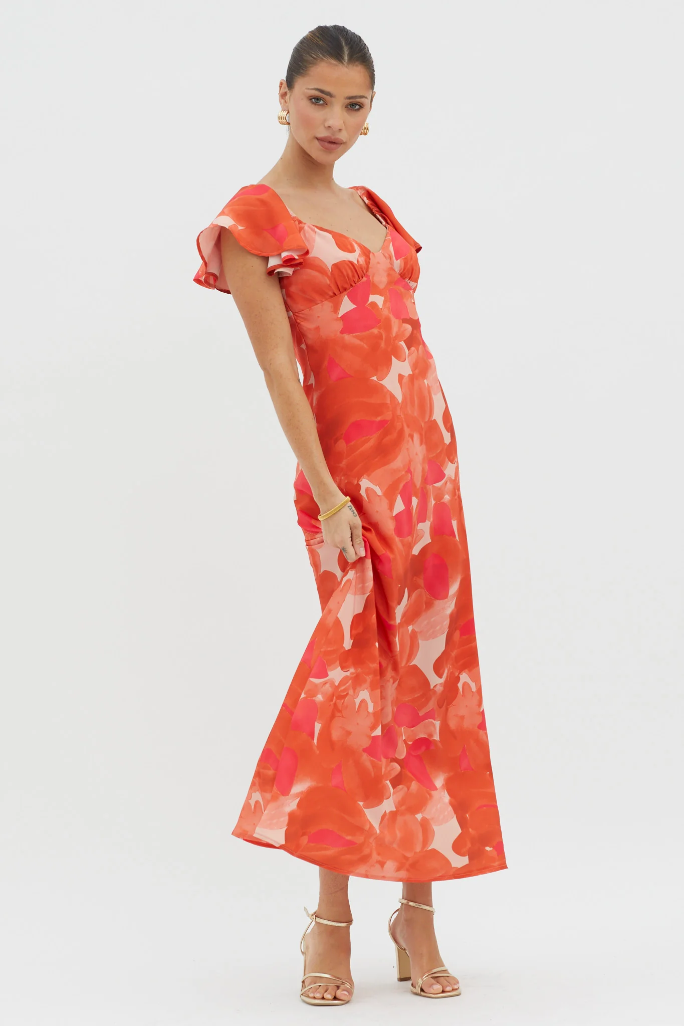 Park Avenue Flutter Sleeve Midi Dress Abstract Orange - Image 5