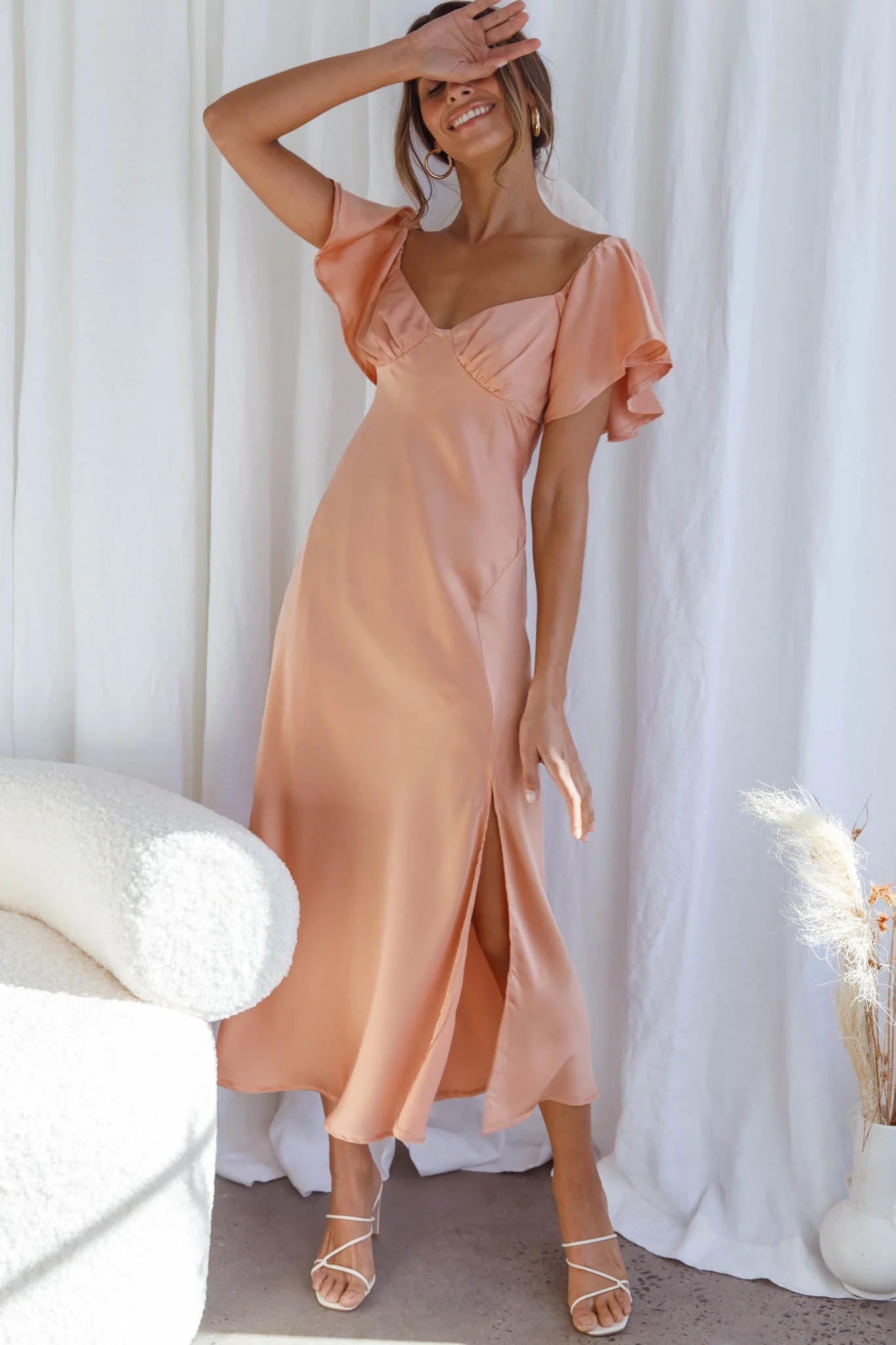 Park Avenue Flutter Sleeve Side Split Midi Dress Apricot - Image 3