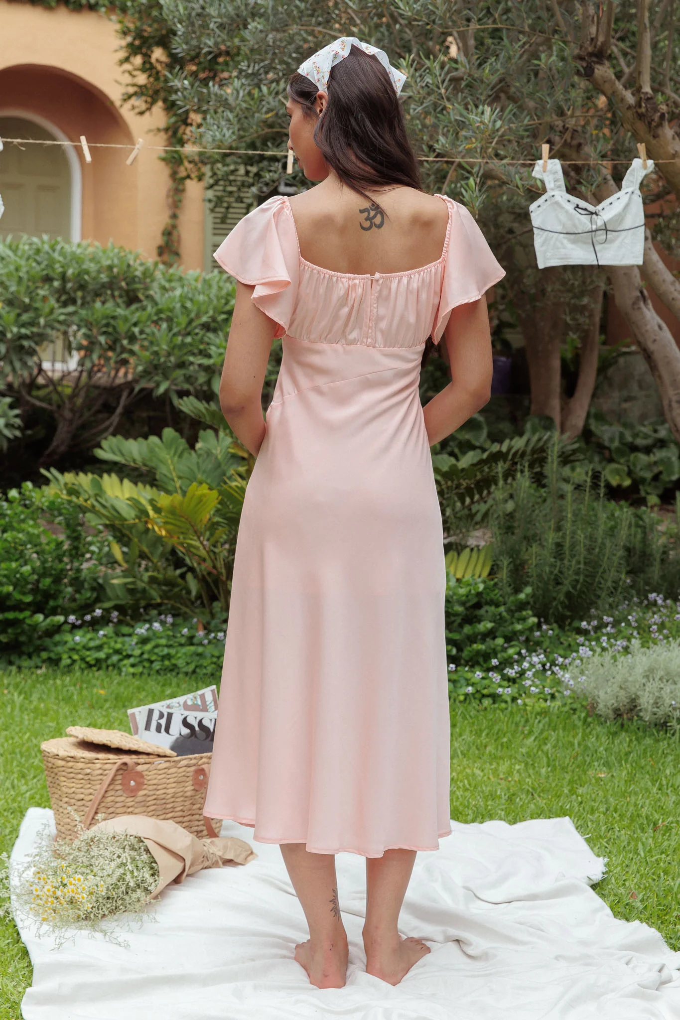 Park Avenue Flutter Sleeve Side Split Midi Dress Blush - Image 2