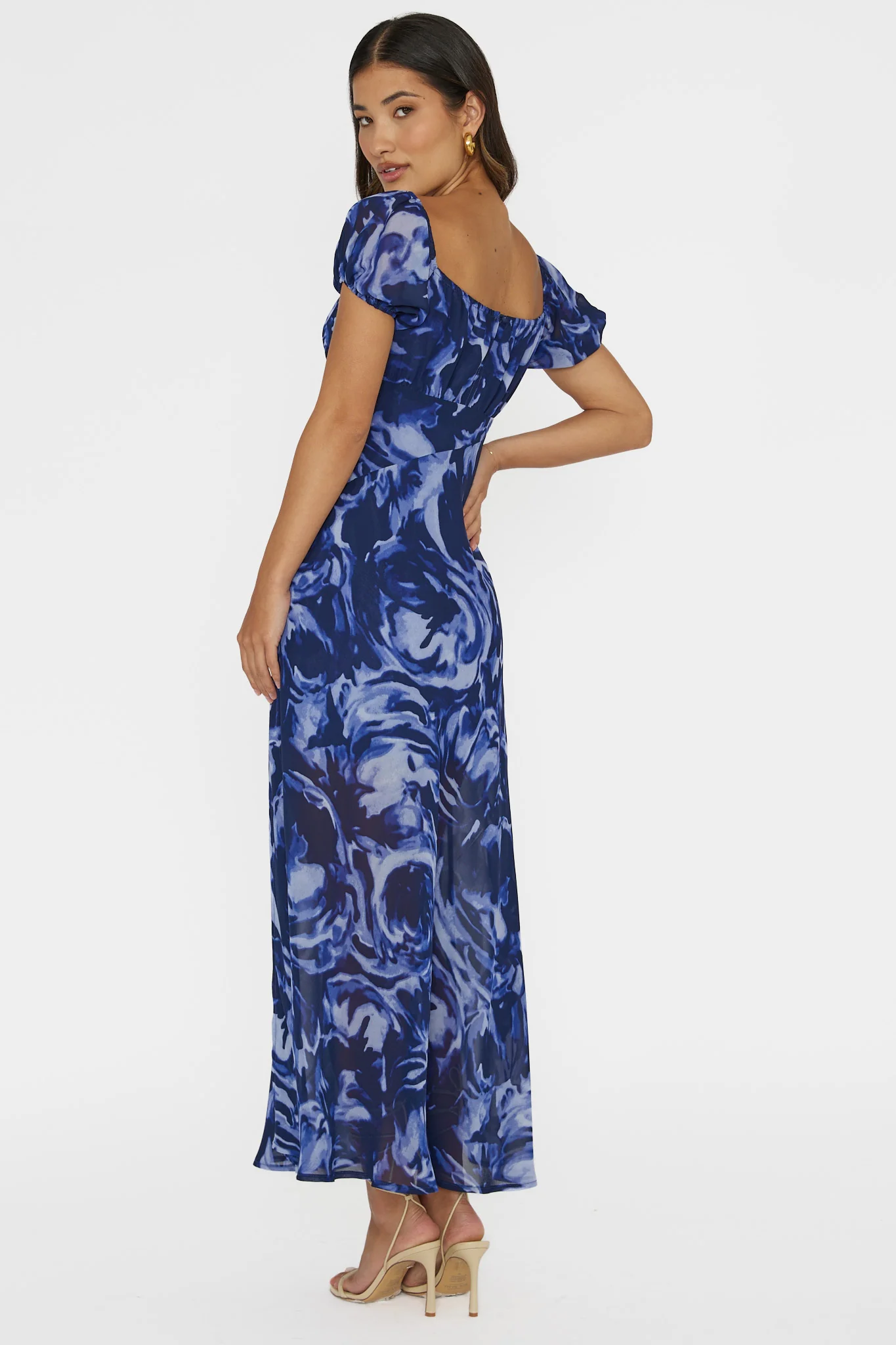 Park Avenue Puff Sleeve Midi Dress Print Blue - Image 2