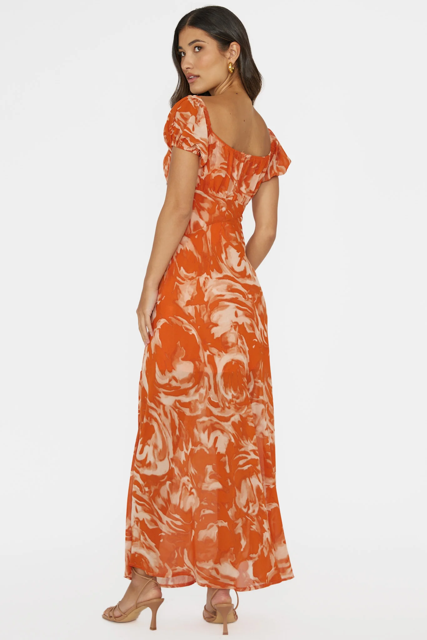 Park Avenue Puff Sleeve Midi Dress Print Orange - Image 2