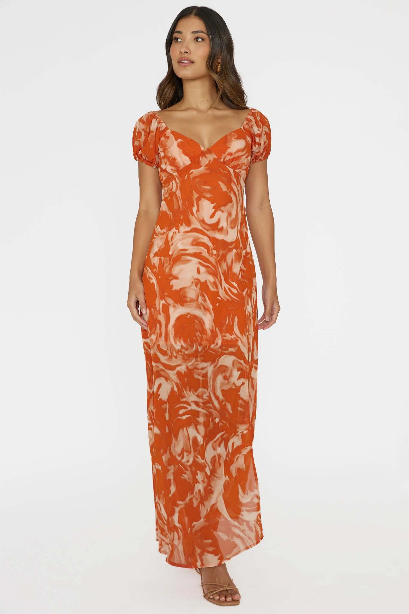 Park Avenue Puff Sleeve Midi Dress Print Orange - Image 3