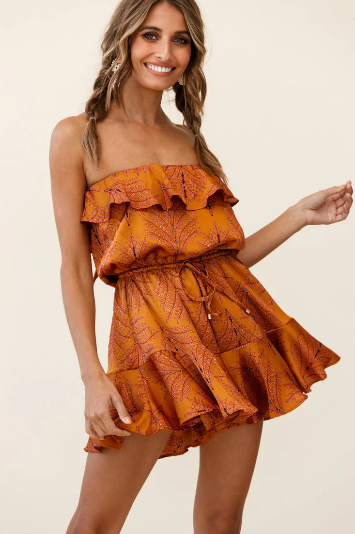 Pasadena Bandeau Tie-Back Romper Leaf Pattern Mustard - Image 3