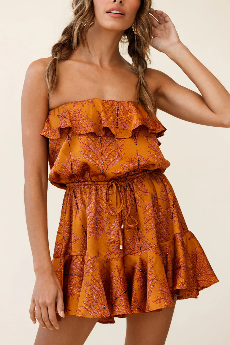 Pasadena Bandeau Tie-Back Romper Leaf Pattern Mustard - Image 7