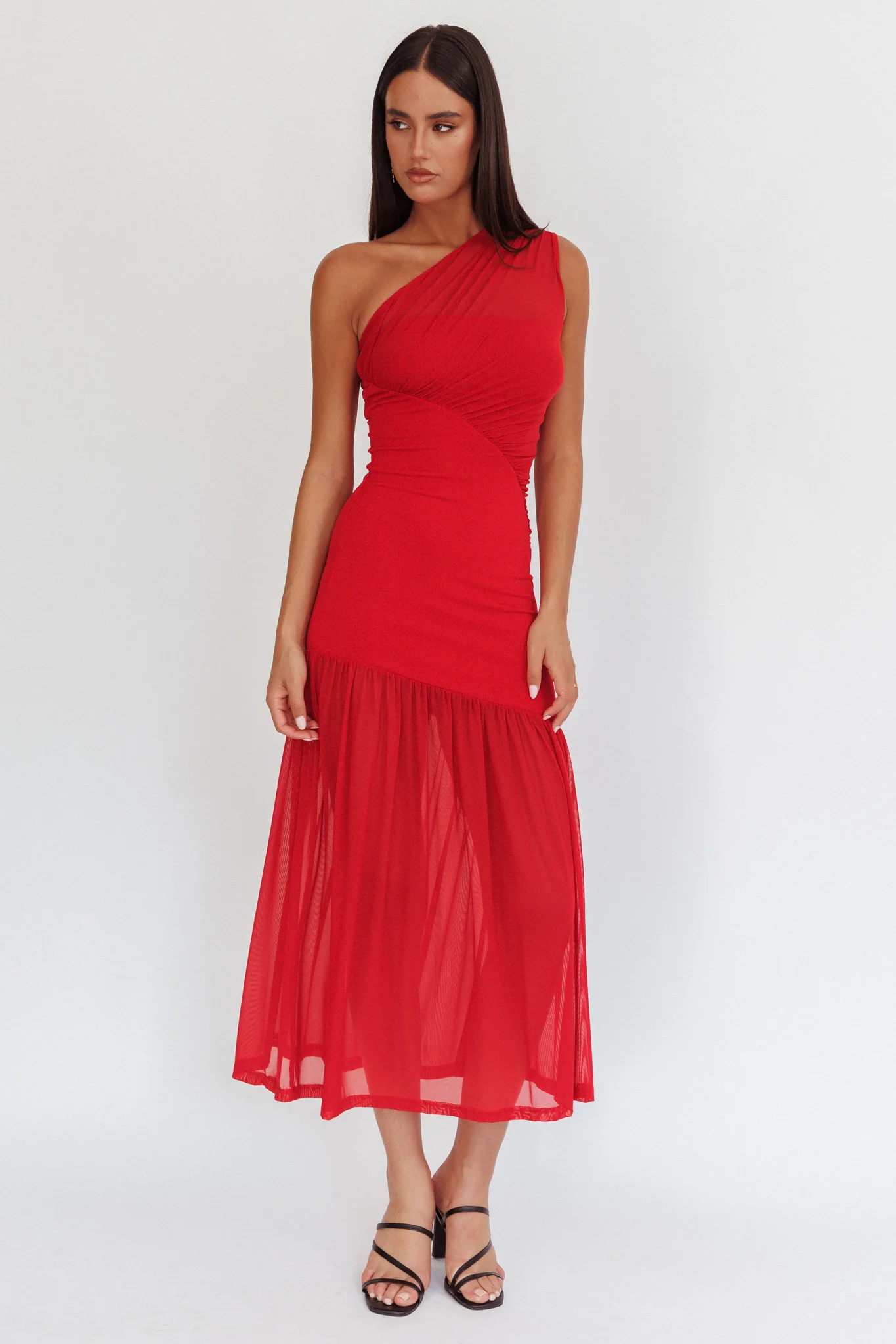 Passion One-Shoulder Mesh Maxi Dress Red - Image 5